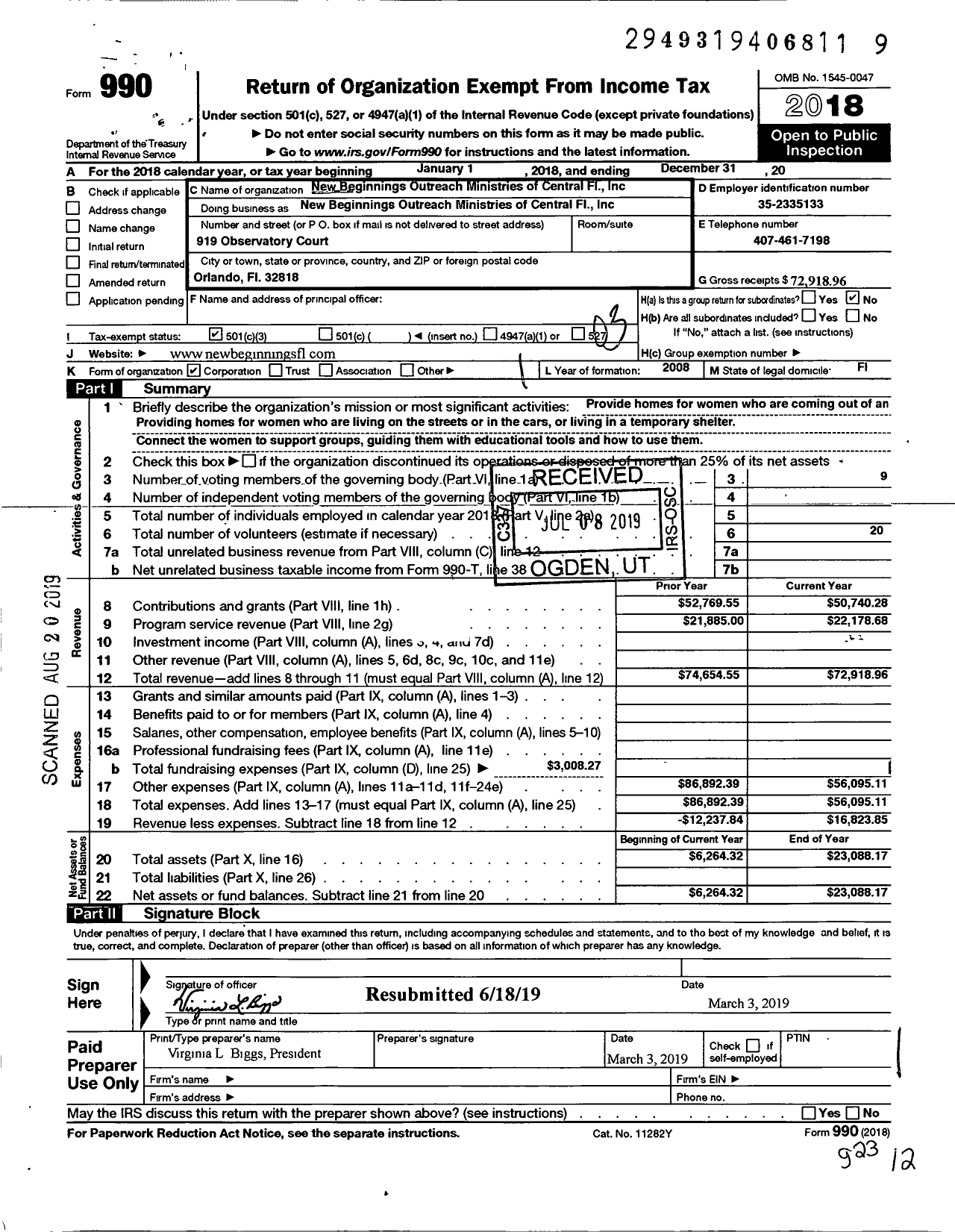 Image of first page of 2018 Form 990 for New Beginnings Outreach Ministries of Central Florida