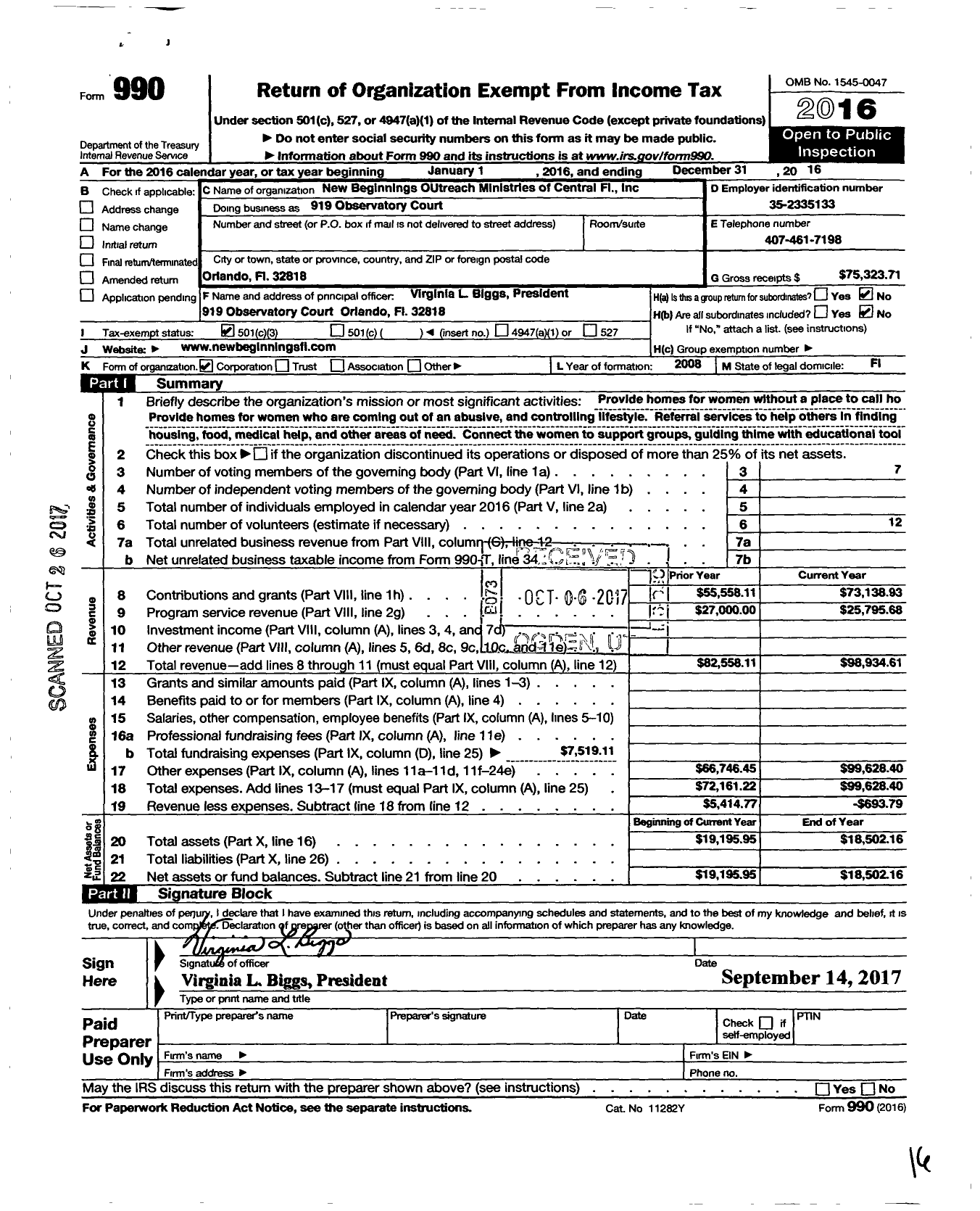 Image of first page of 2016 Form 990 for New Beginnings Outreach Ministries of Central Florida