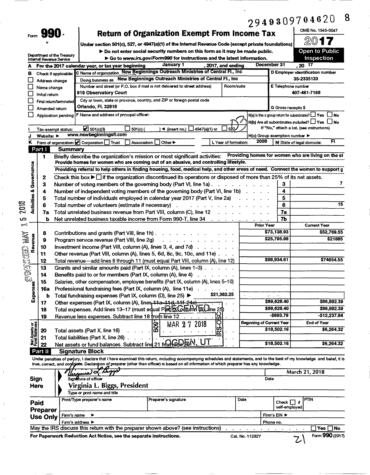 Image of first page of 2017 Form 990 for New Beginnings Outreach Ministries of Central Florida