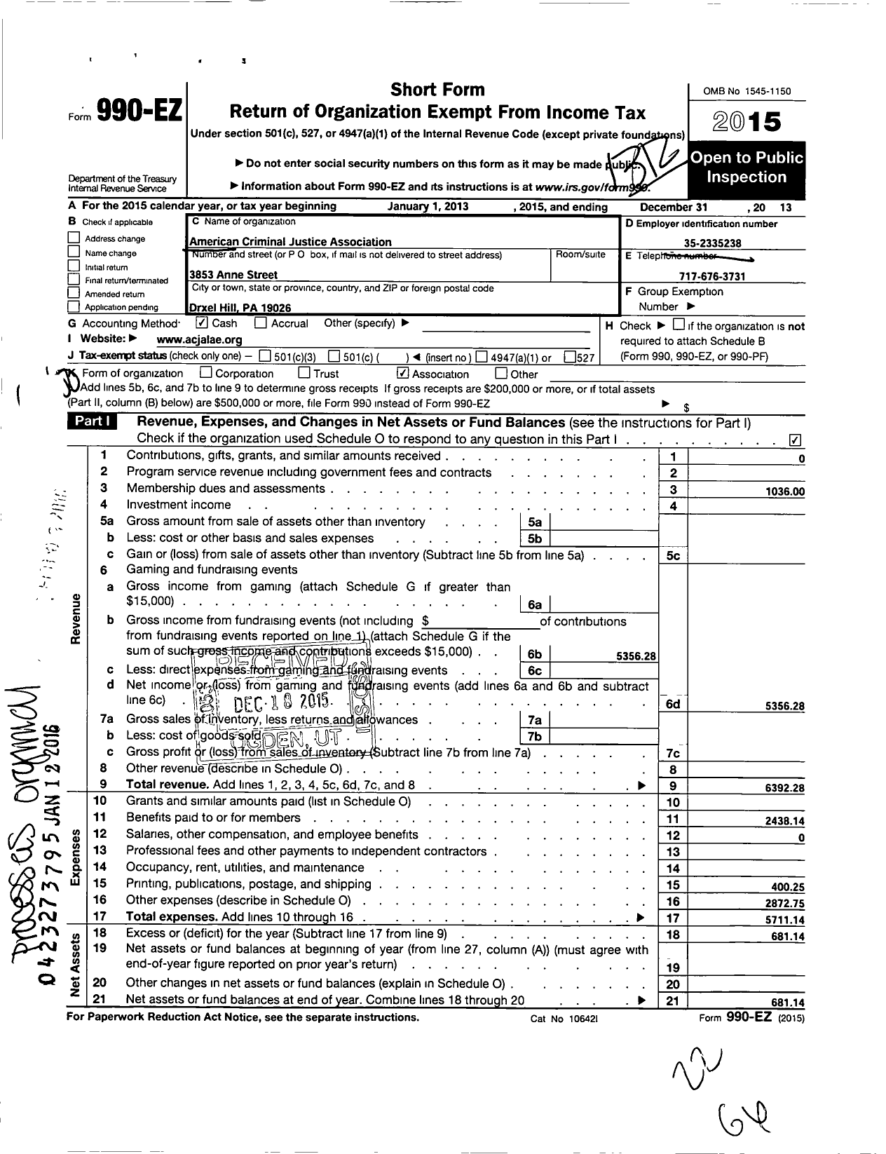 Image of first page of 2013 Form 990EO for American Criminal Justice Association Lambda Alpha Epsilon - Acja-Lae Region 4