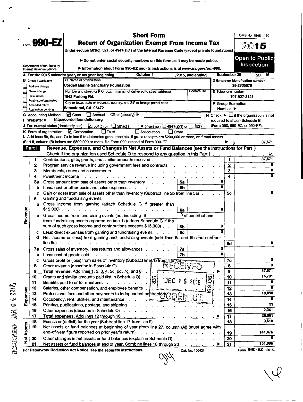 Image of first page of 2015 Form 990EZ for Cordell Marine Sanctuary Foundation