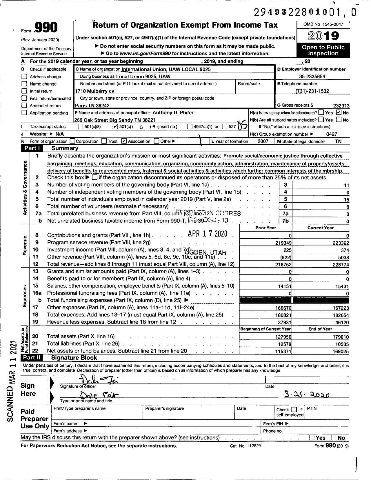 Image of first page of 2019 Form 990O for UAW - 9025 Local Union