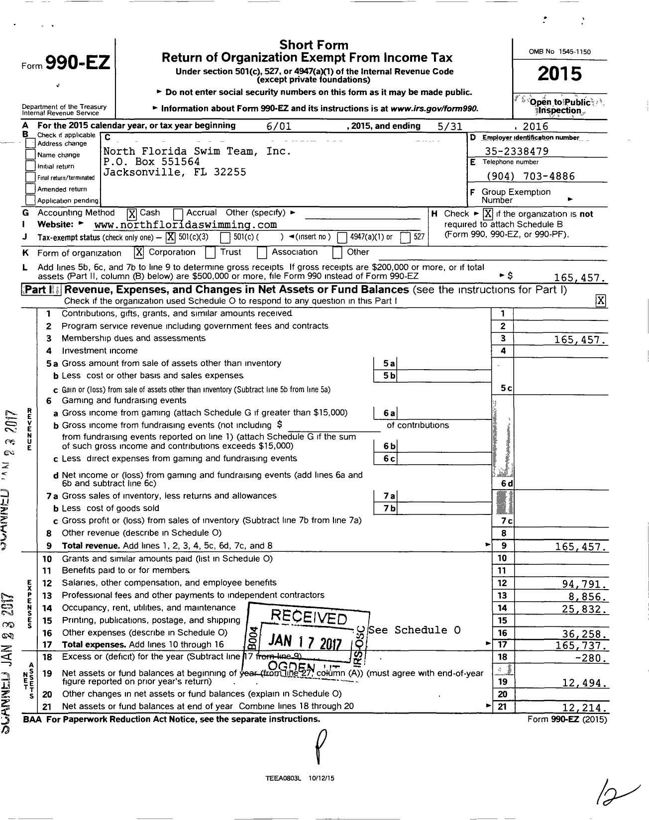 Image of first page of 2015 Form 990EZ for North Florida Swim Team