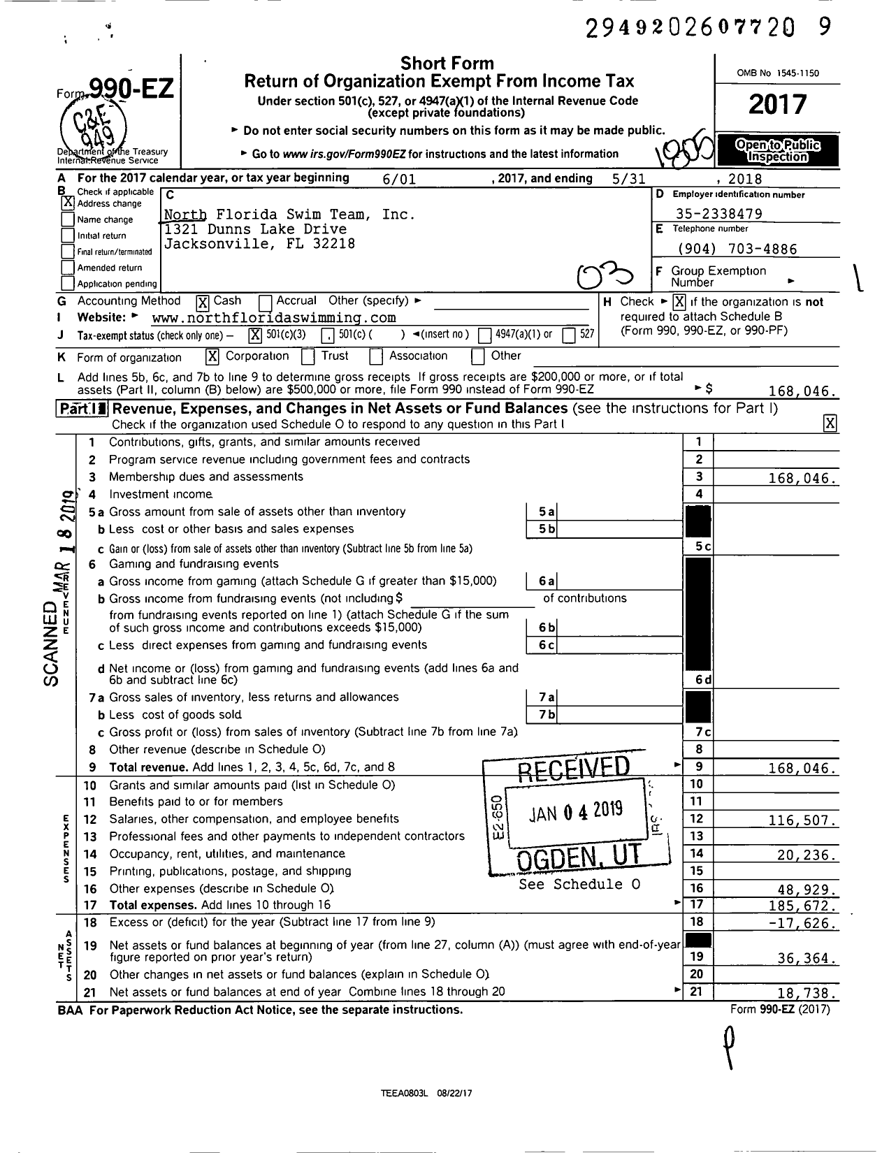 Image of first page of 2017 Form 990EZ for North Florida Swim Team