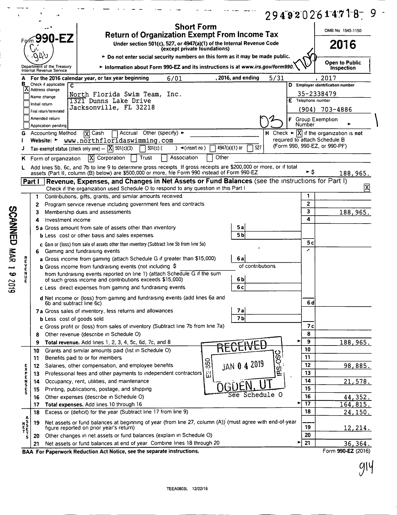 Image of first page of 2016 Form 990EZ for North Florida Swim Team