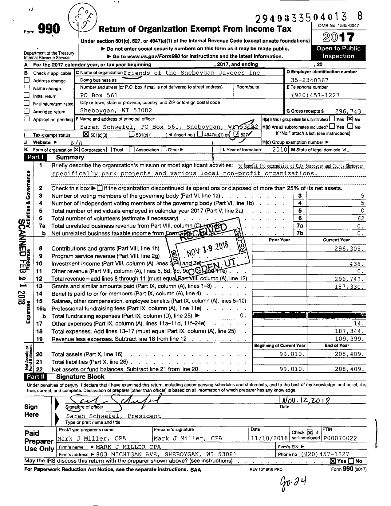 Image of first page of 2017 Form 990 for Friends of the Sheboygan Jaycees