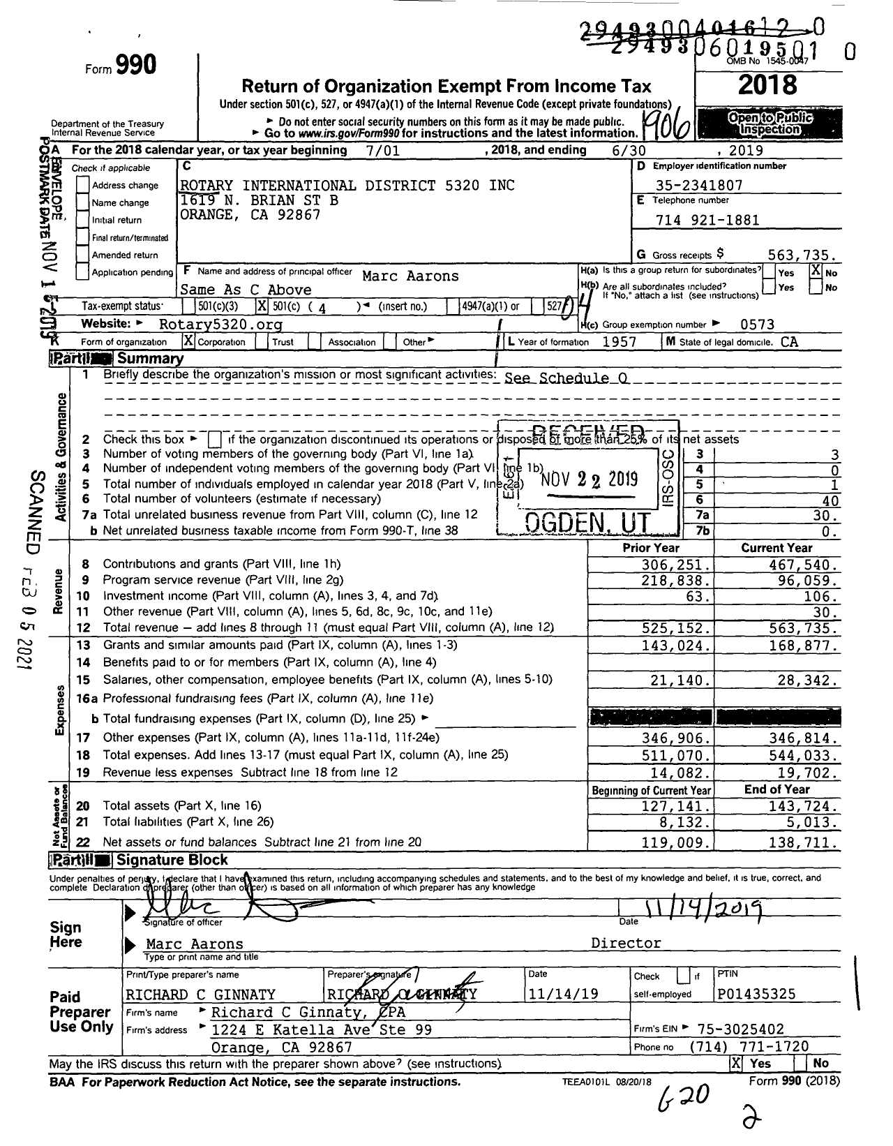Image of first page of 2018 Form 990O for Rotary International District 5320