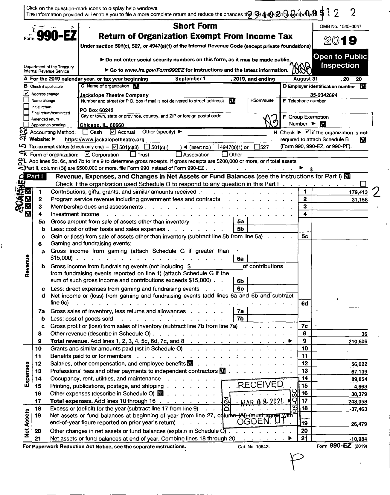 Image of first page of 2019 Form 990EZ for Jackalope Theatre Company