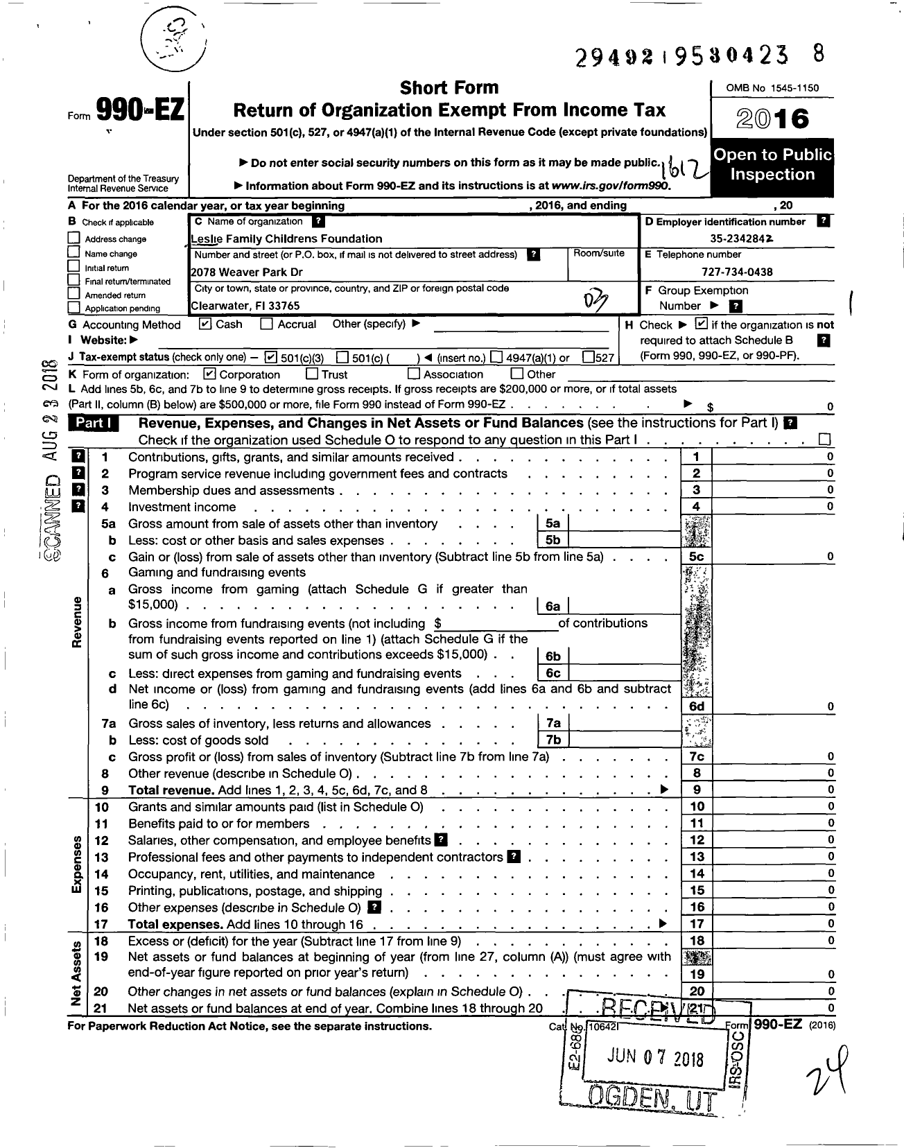 Image of first page of 2016 Form 990EZ for Leslie Family Childrens Foundation