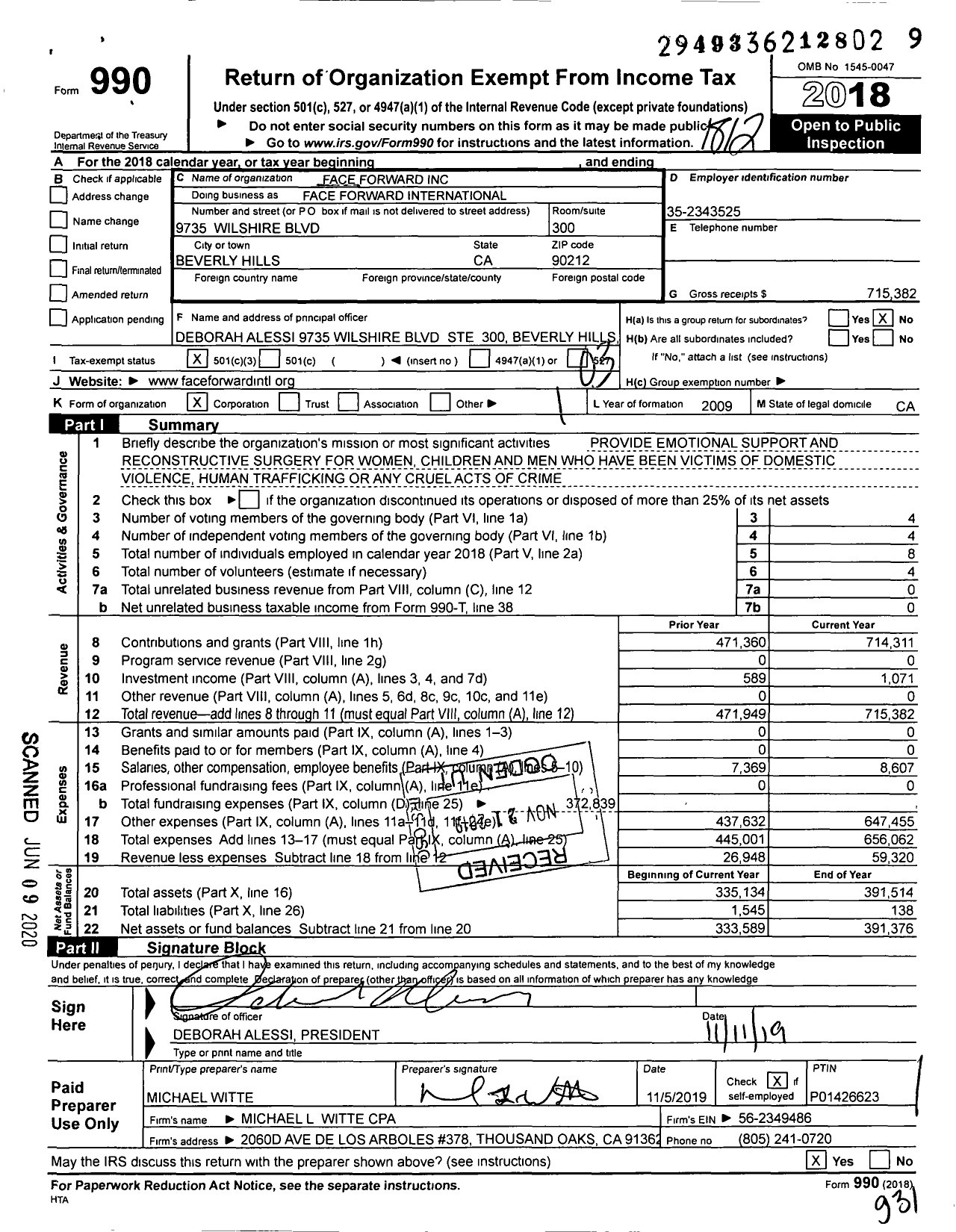 Image of first page of 2018 Form 990 for Face Forward International