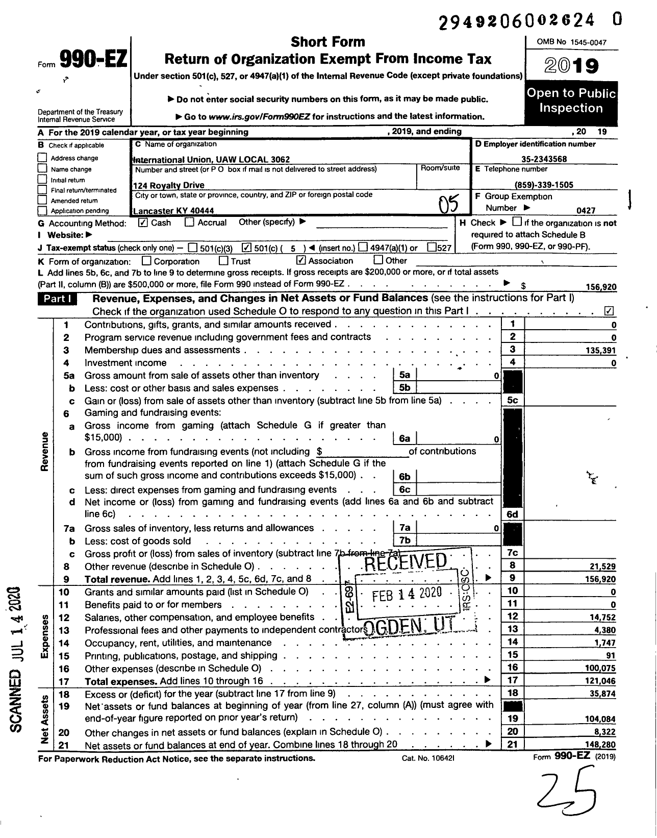 Image of first page of 2019 Form 990EO for UAW - 3062 LOCAL Union UAW