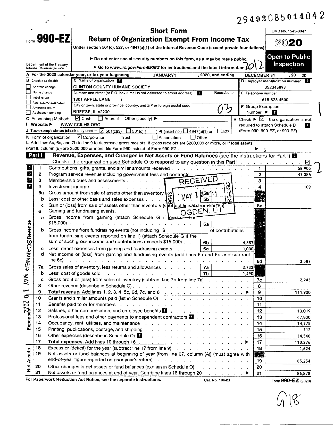 Image of first page of 2020 Form 990EZ for Clinton County Humane Society