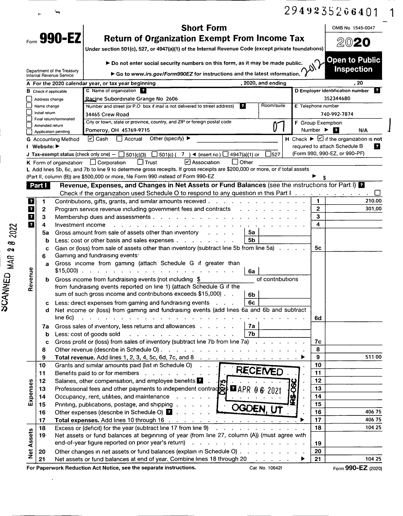 Image of first page of 2020 Form 990EO for Racine Subordinate Grange No 2606