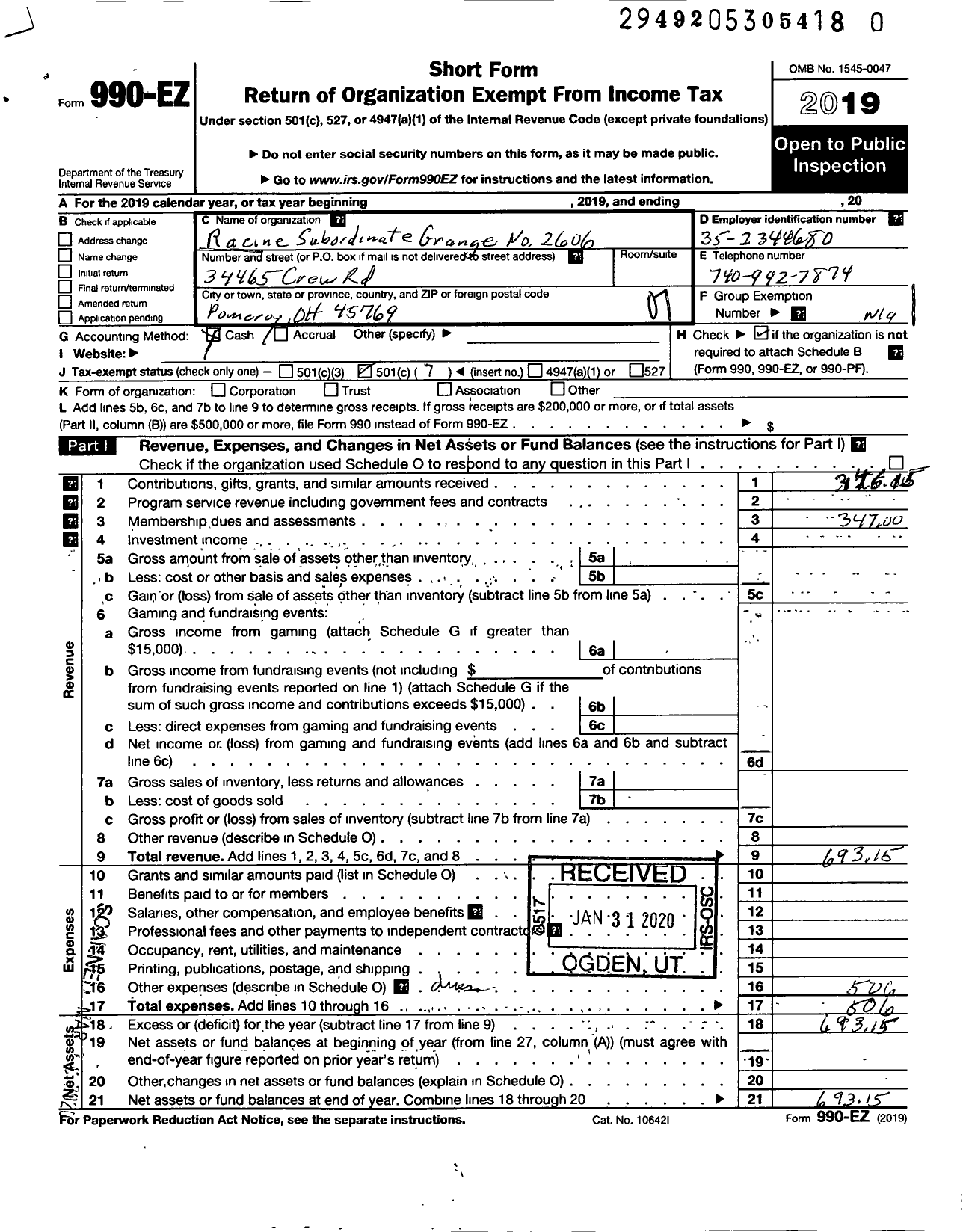 Image of first page of 2019 Form 990EO for Racine Subordinate Grange No 2606