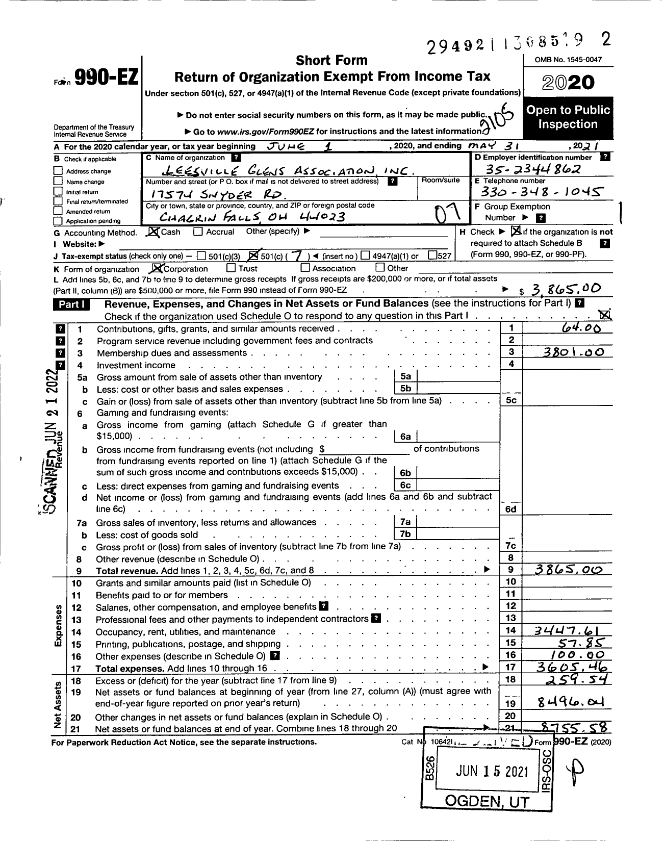 Image of first page of 2020 Form 990EO for Leesville Glens Association