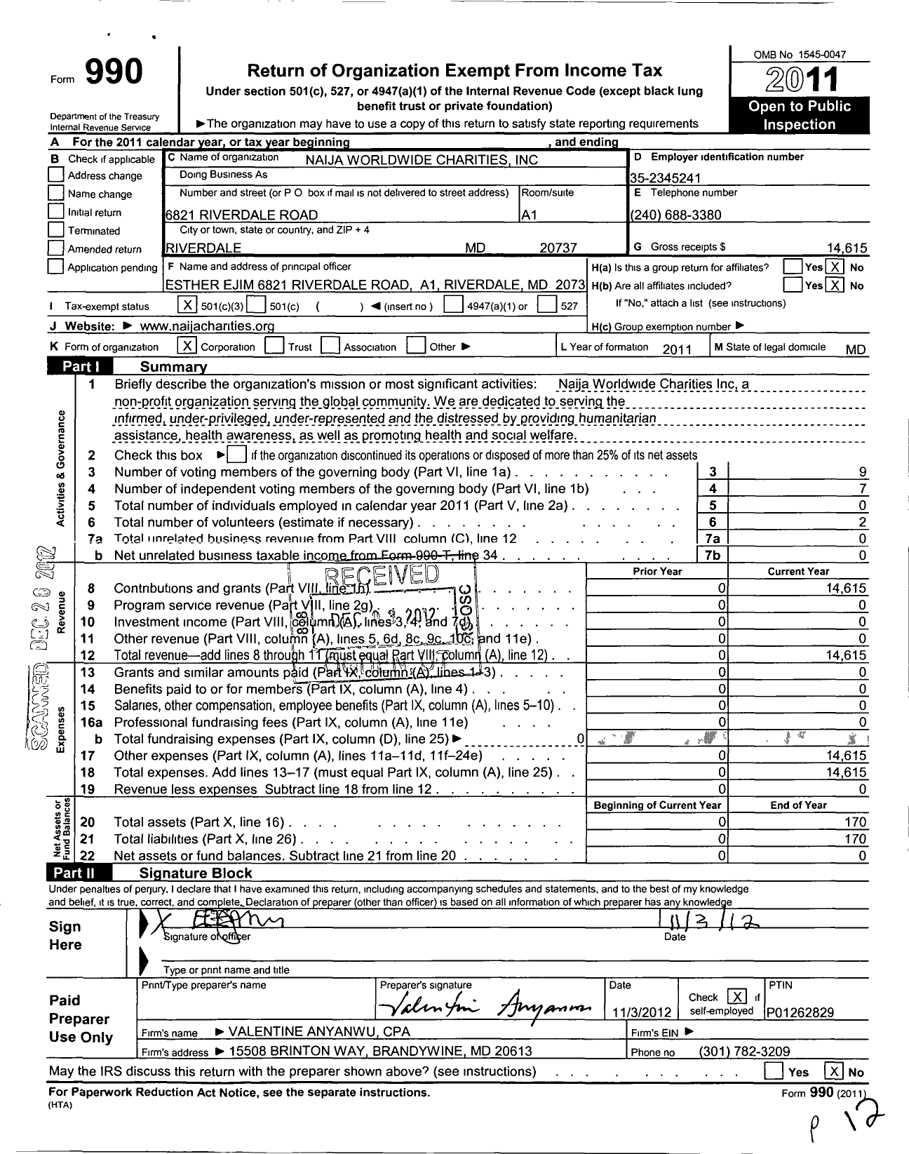 Image of first page of 2011 Form 990 for Naija Worldwide Charities