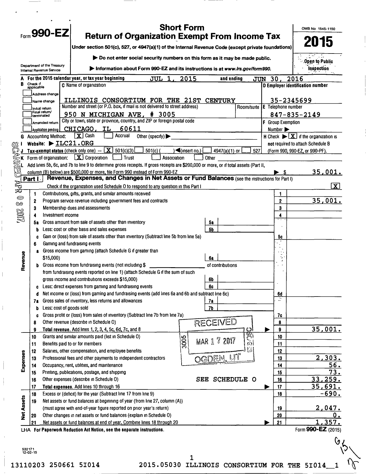 Image of first page of 2015 Form 990EZ for Illinois Consortium for the 21st Century