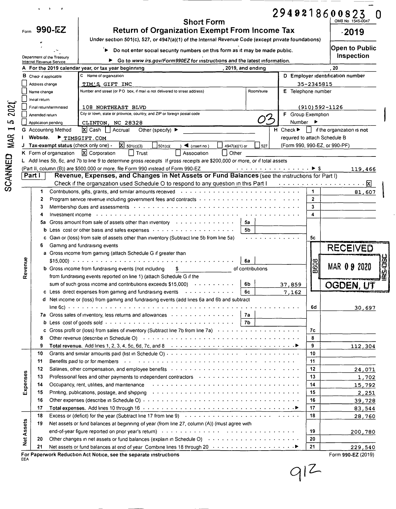 Image of first page of 2019 Form 990EZ for Tims Gift