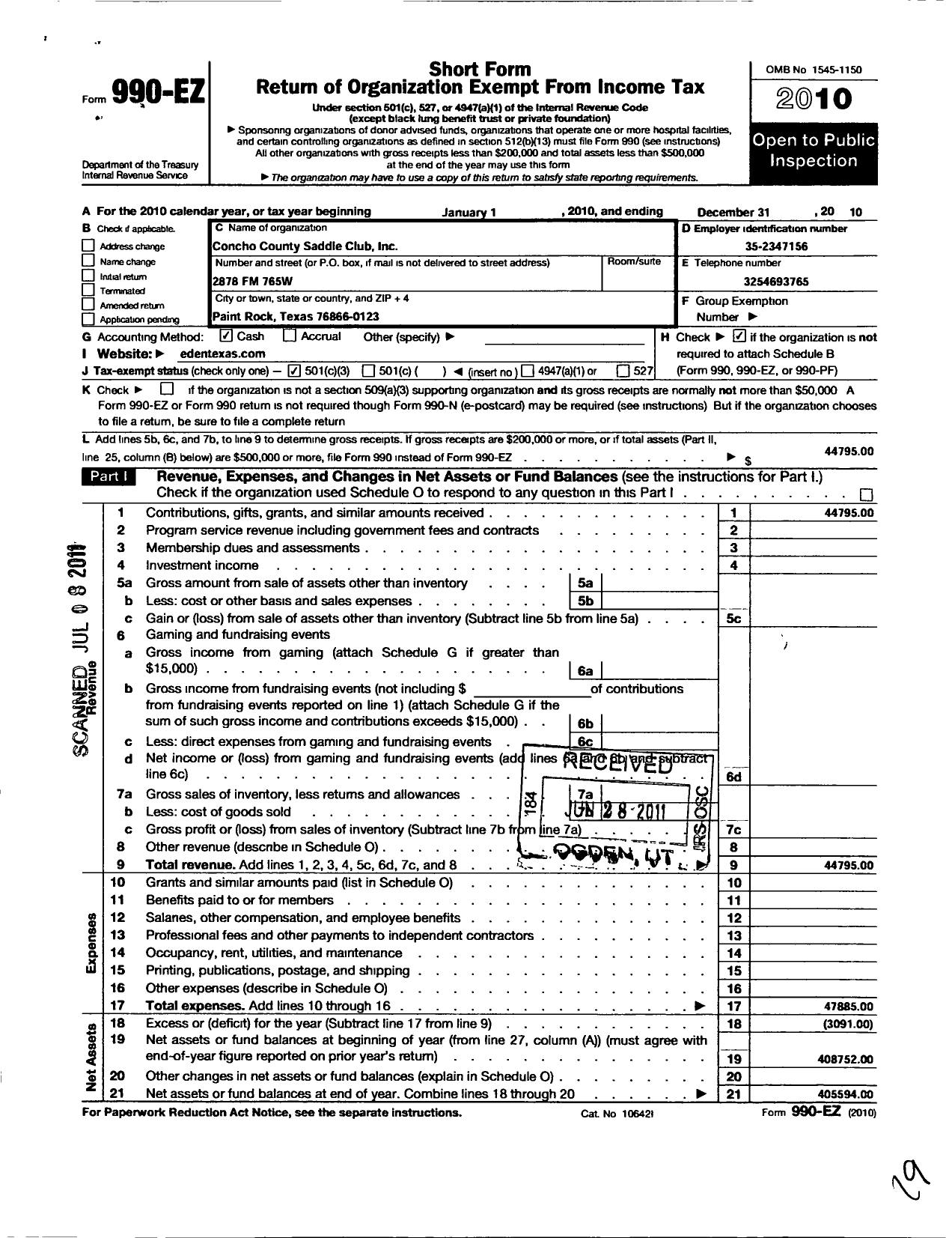 Image of first page of 2010 Form 990EZ for Concho County Saddle Club