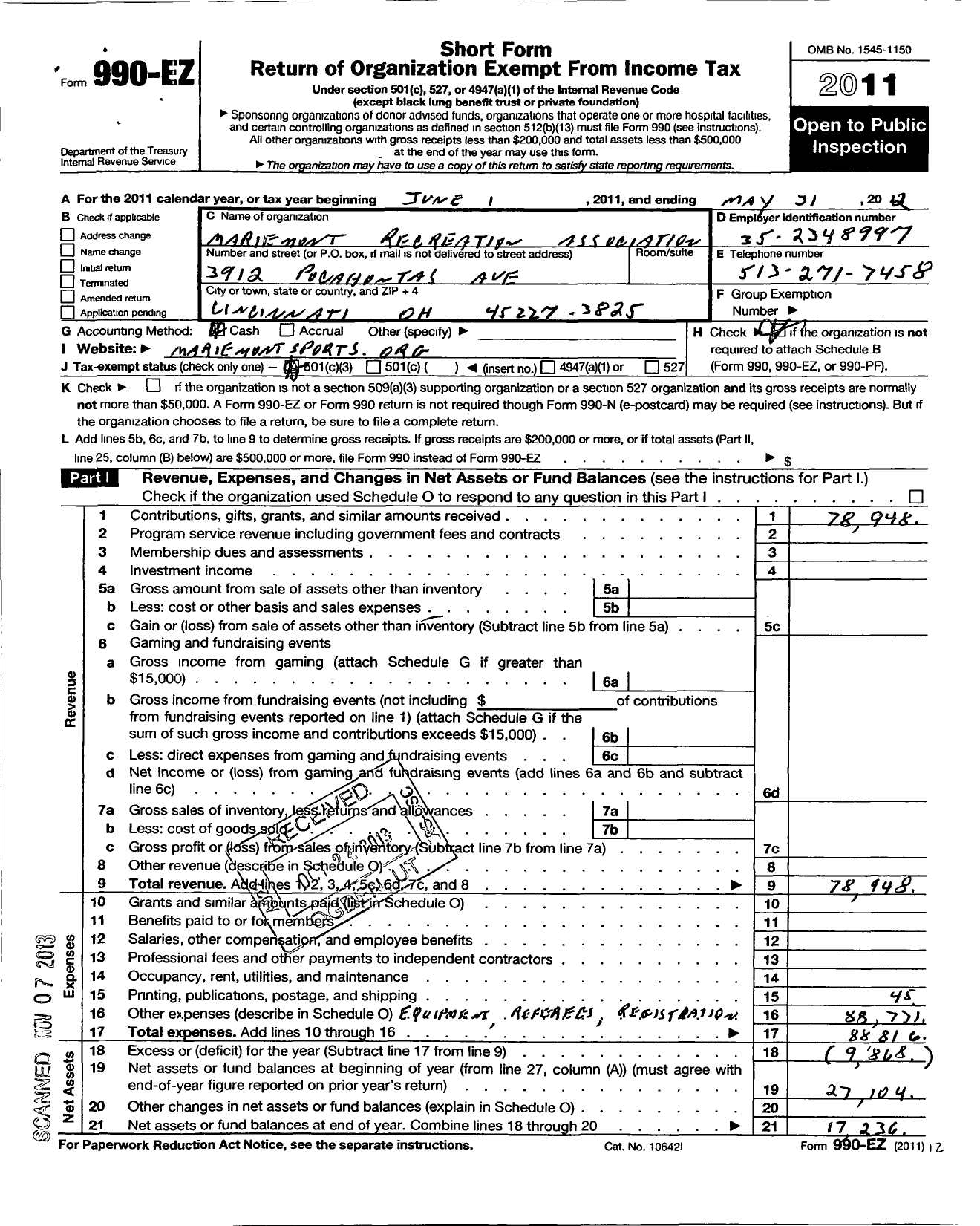 Image of first page of 2011 Form 990EZ for Mariemont Recreation Association