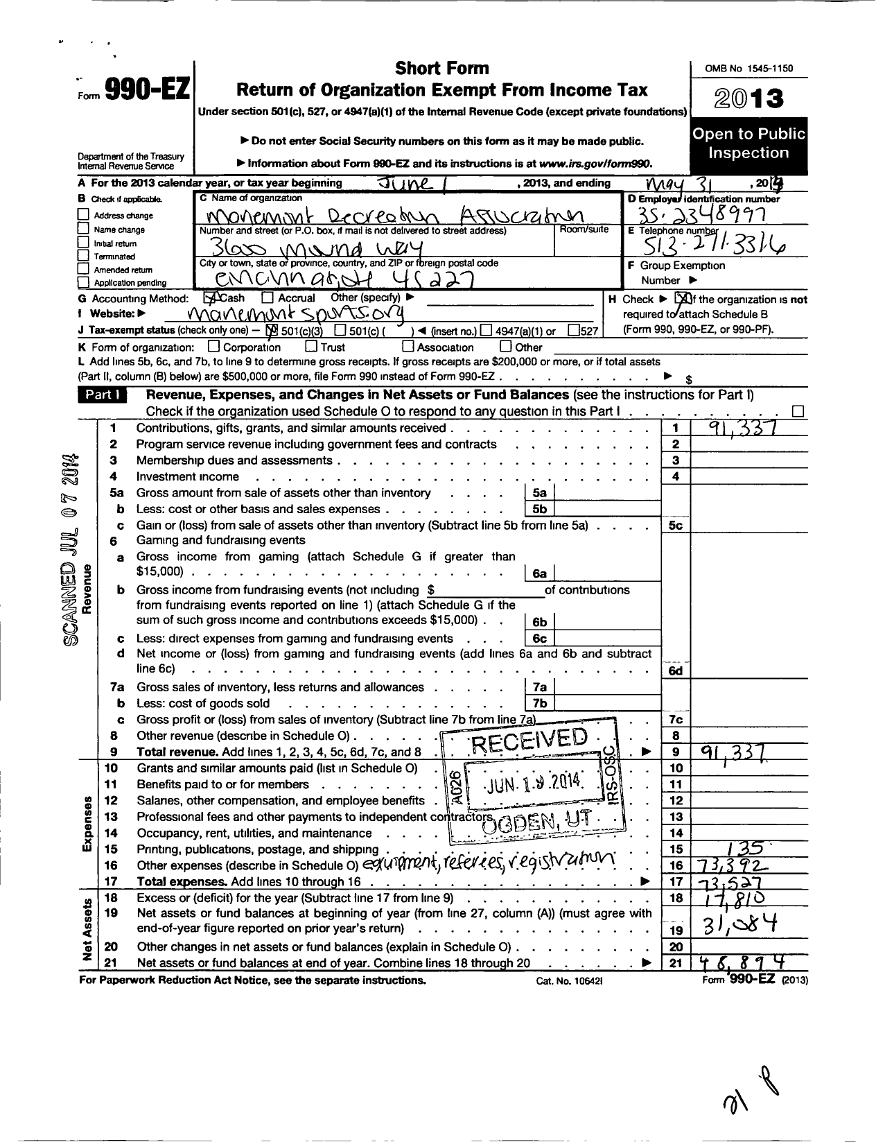 Image of first page of 2013 Form 990EZ for Mariemont Recreation Association