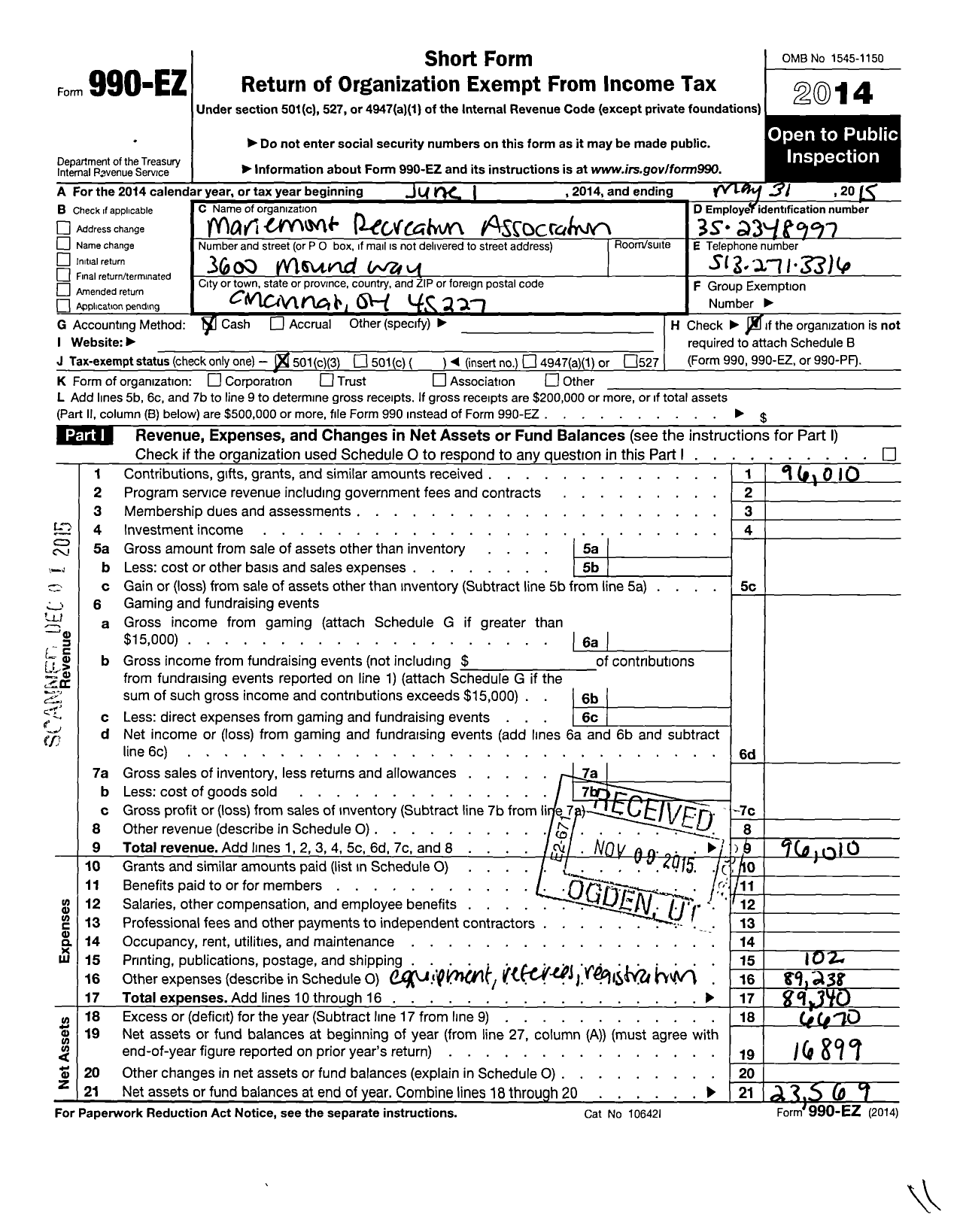 Image of first page of 2014 Form 990EZ for Mariemont Recreation Association