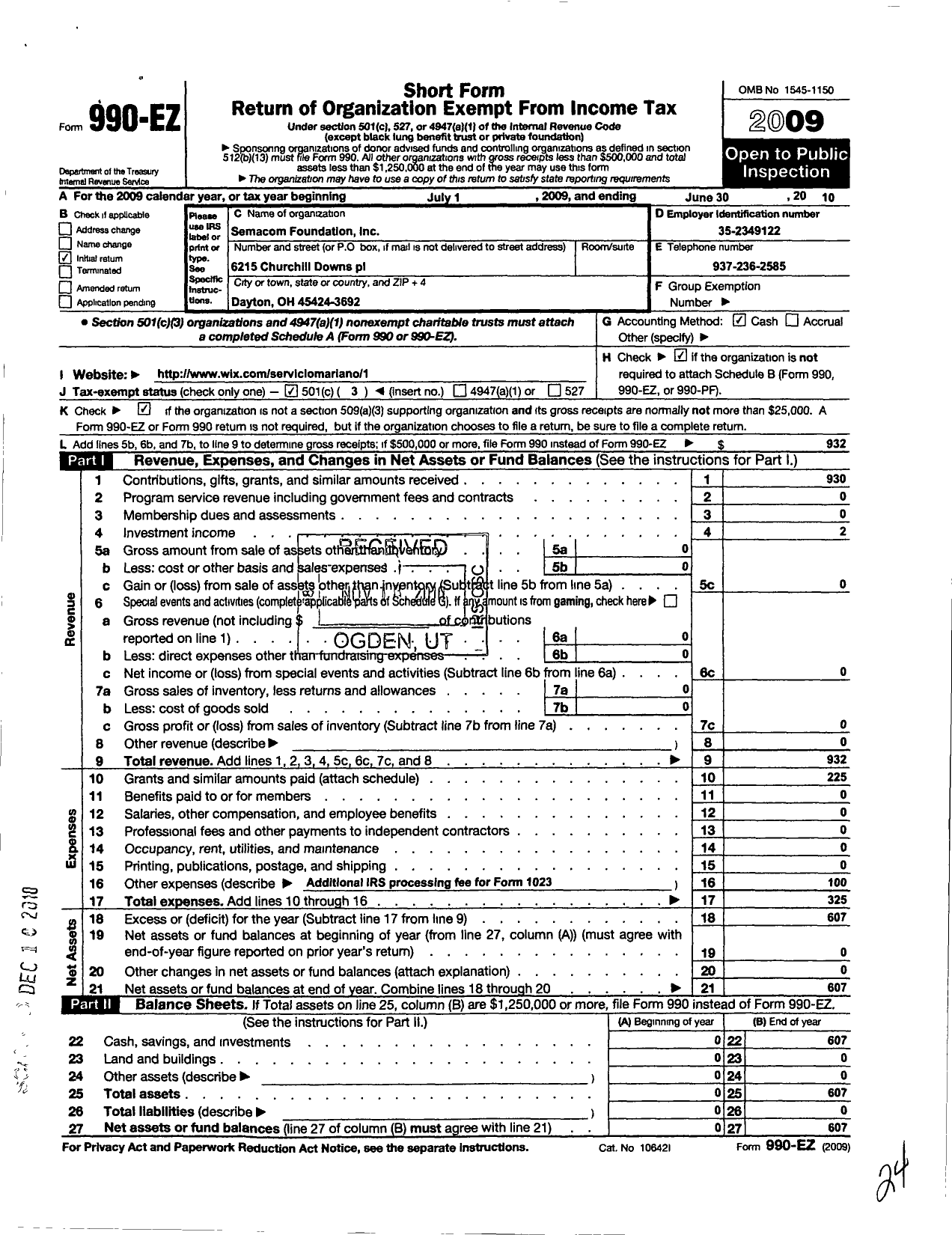 Image of first page of 2009 Form 990EZ for Semacom Foundation