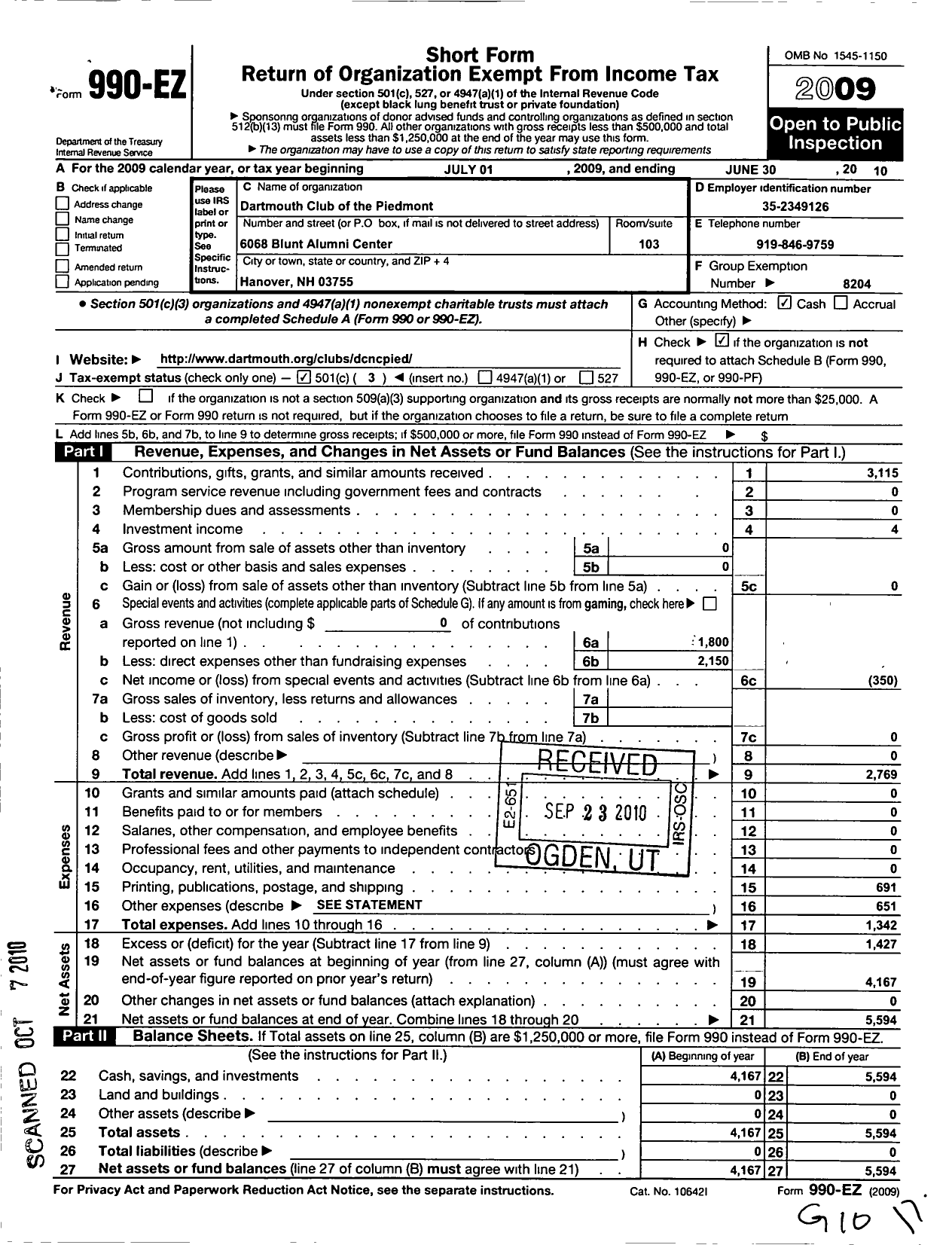 Image of first page of 2009 Form 990EZ for Trustees of Dartmouth College / Dartmouth Club of the Piedmont