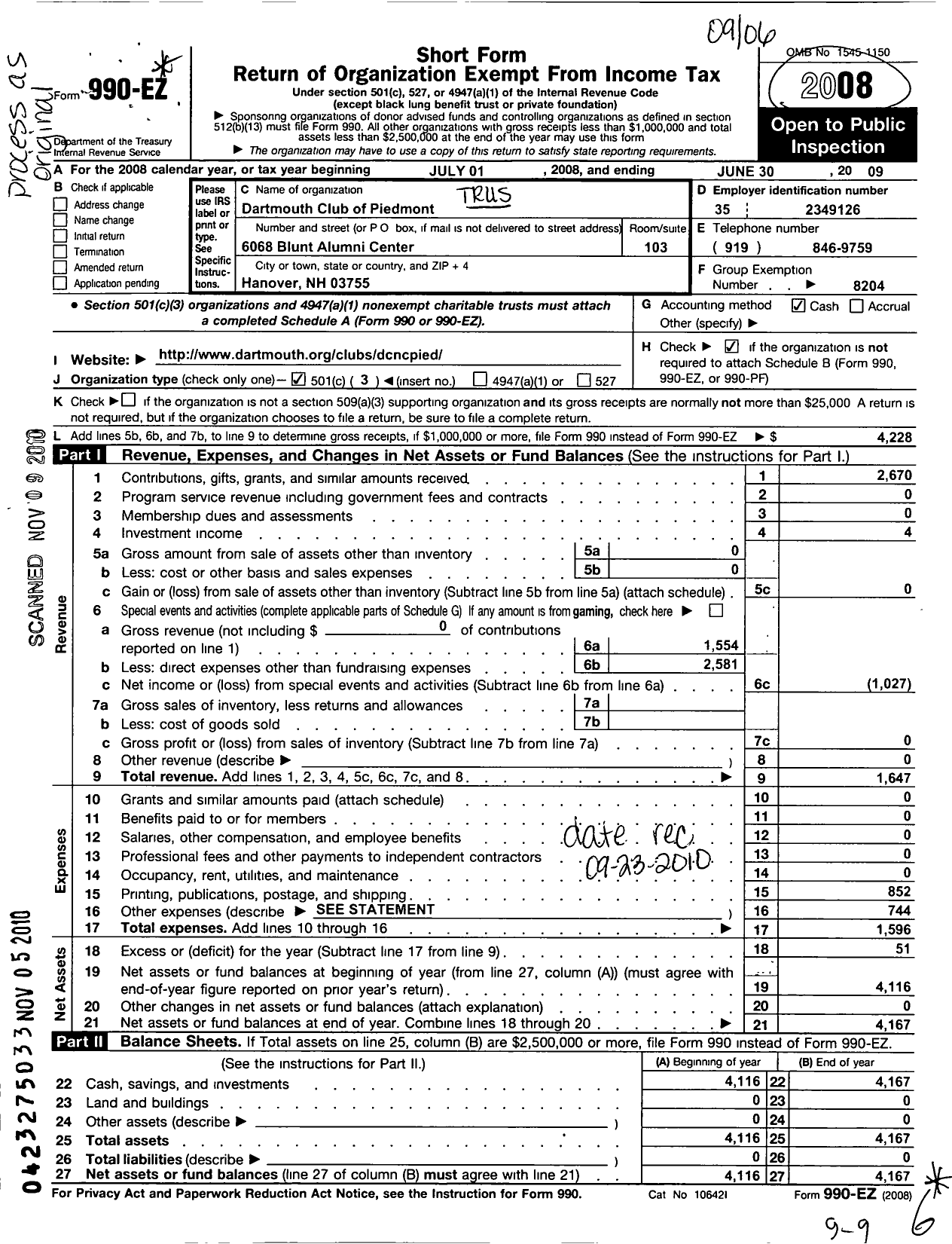 Image of first page of 2008 Form 990EZ for Trustees of Dartmouth College / Dartmouth Club of the Piedmont