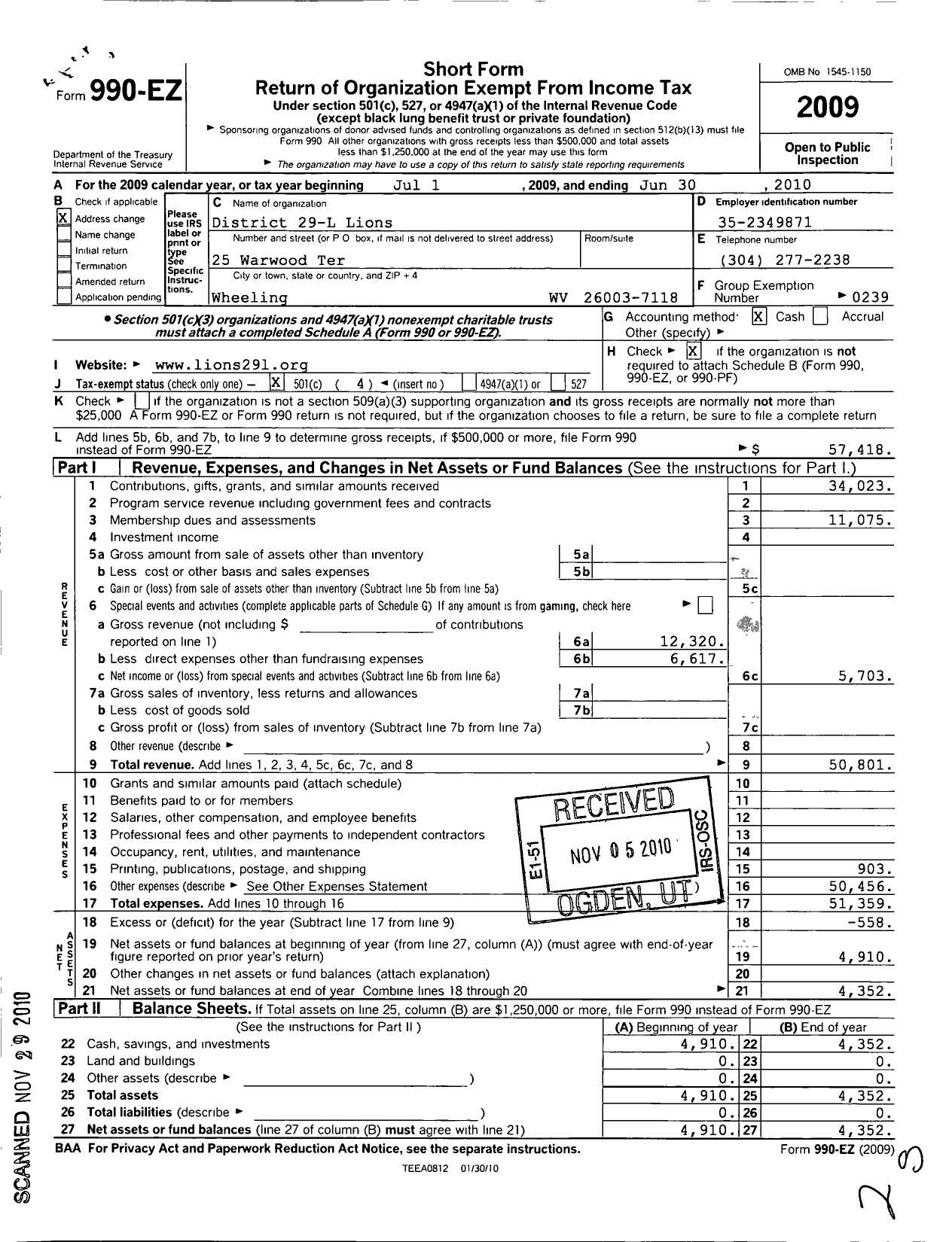 Image of first page of 2009 Form 990EO for Lions Clubs - 29-L Lions District