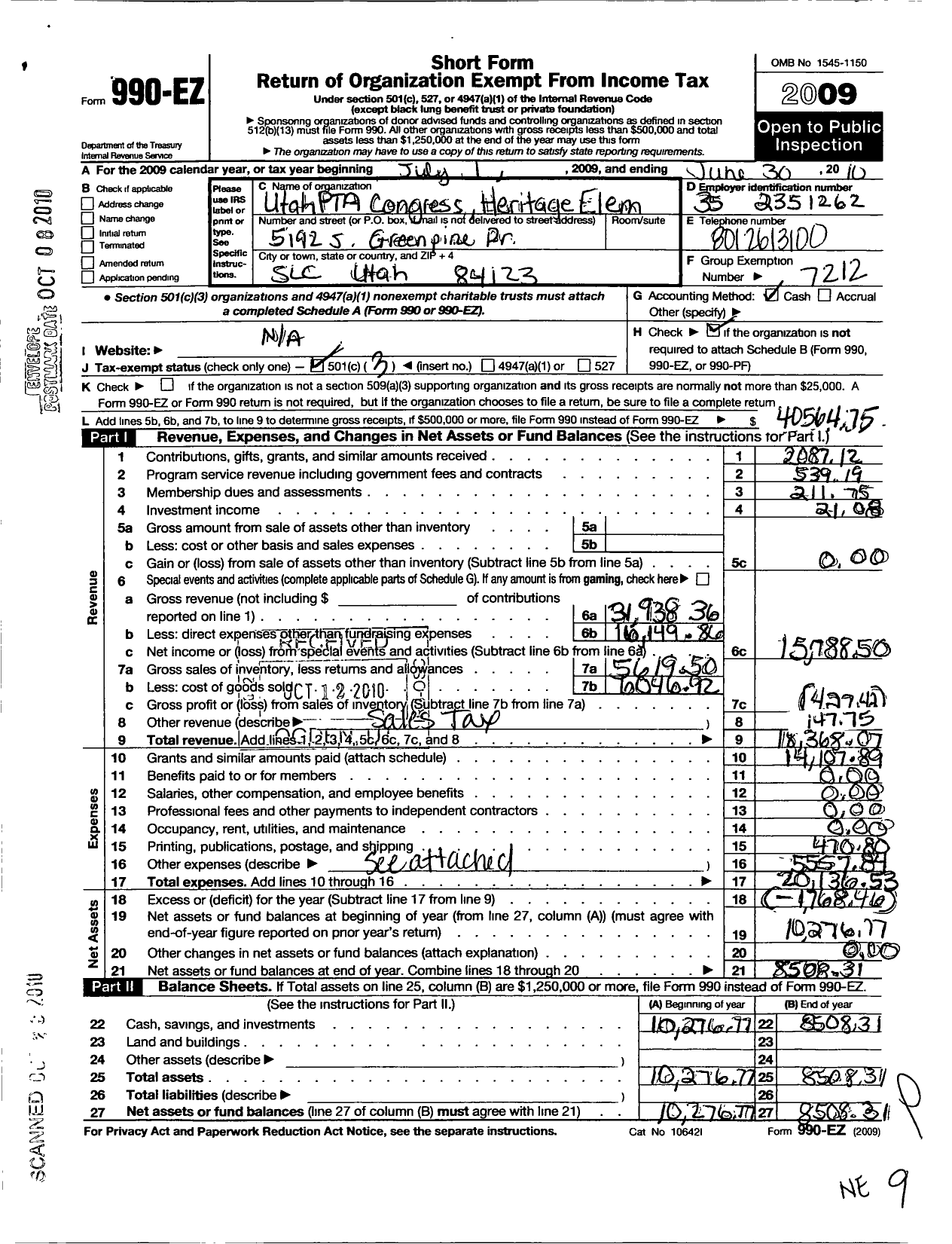 Image of first page of 2009 Form 990EZ for PTA Utah Congress / Heritage Elementary PTA