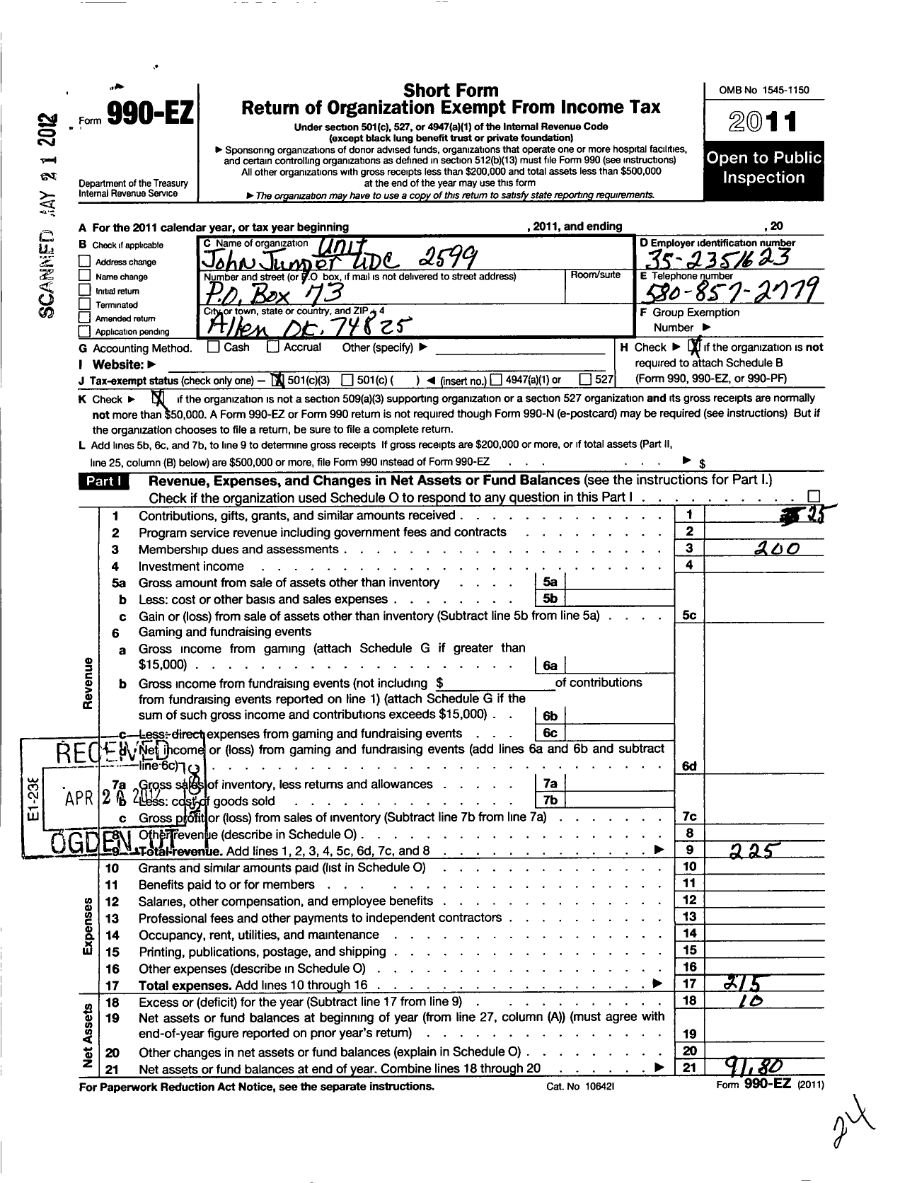 Image of first page of 2011 Form 990EZ for United Daughters of the Confederacy - 2599 John Jumper Holdenville