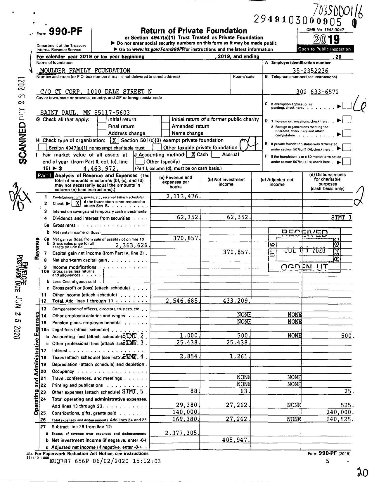 Image of first page of 2019 Form 990PF for Moulder Family Foundation