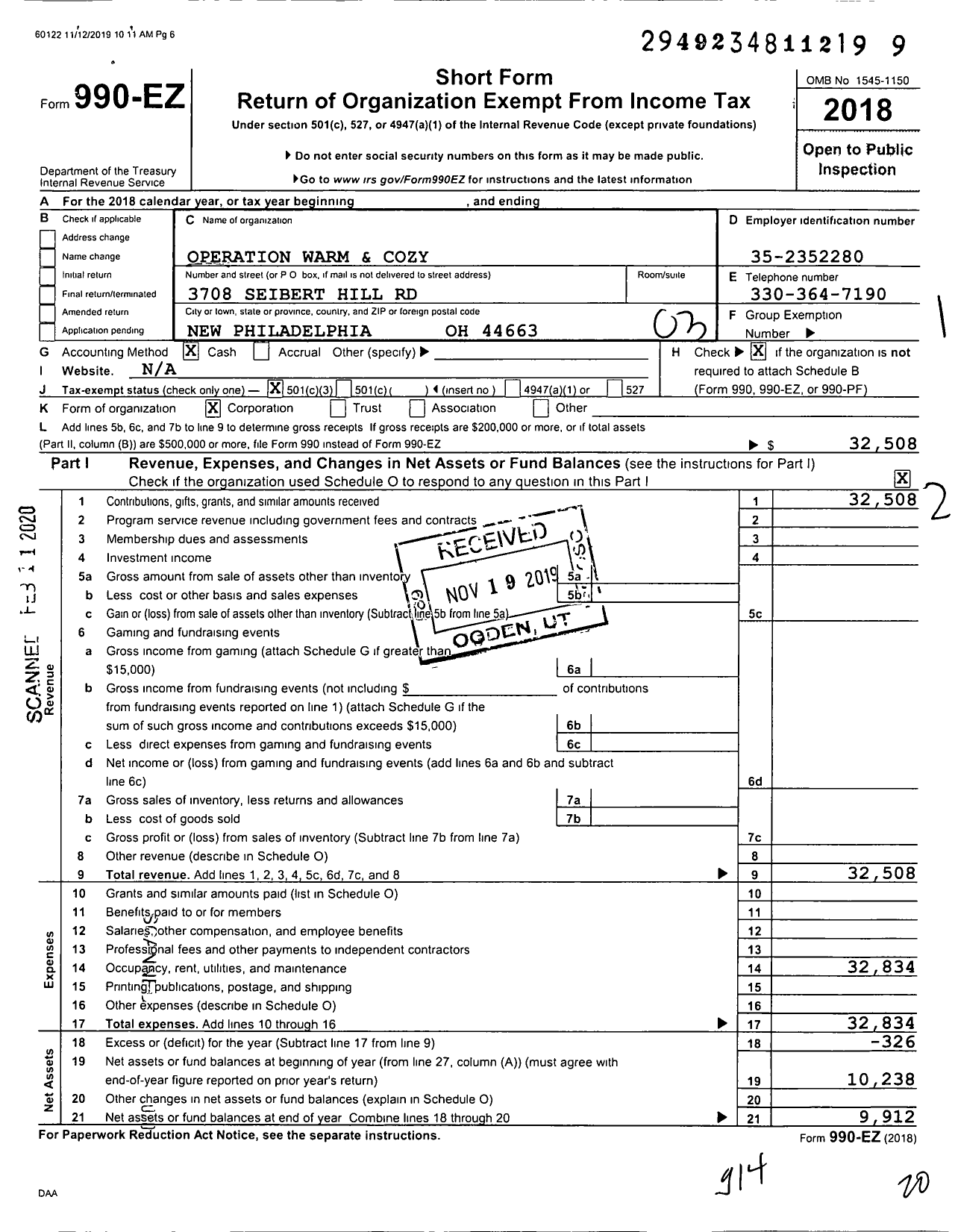 Image of first page of 2018 Form 990EZ for Operation Warm and Cozy