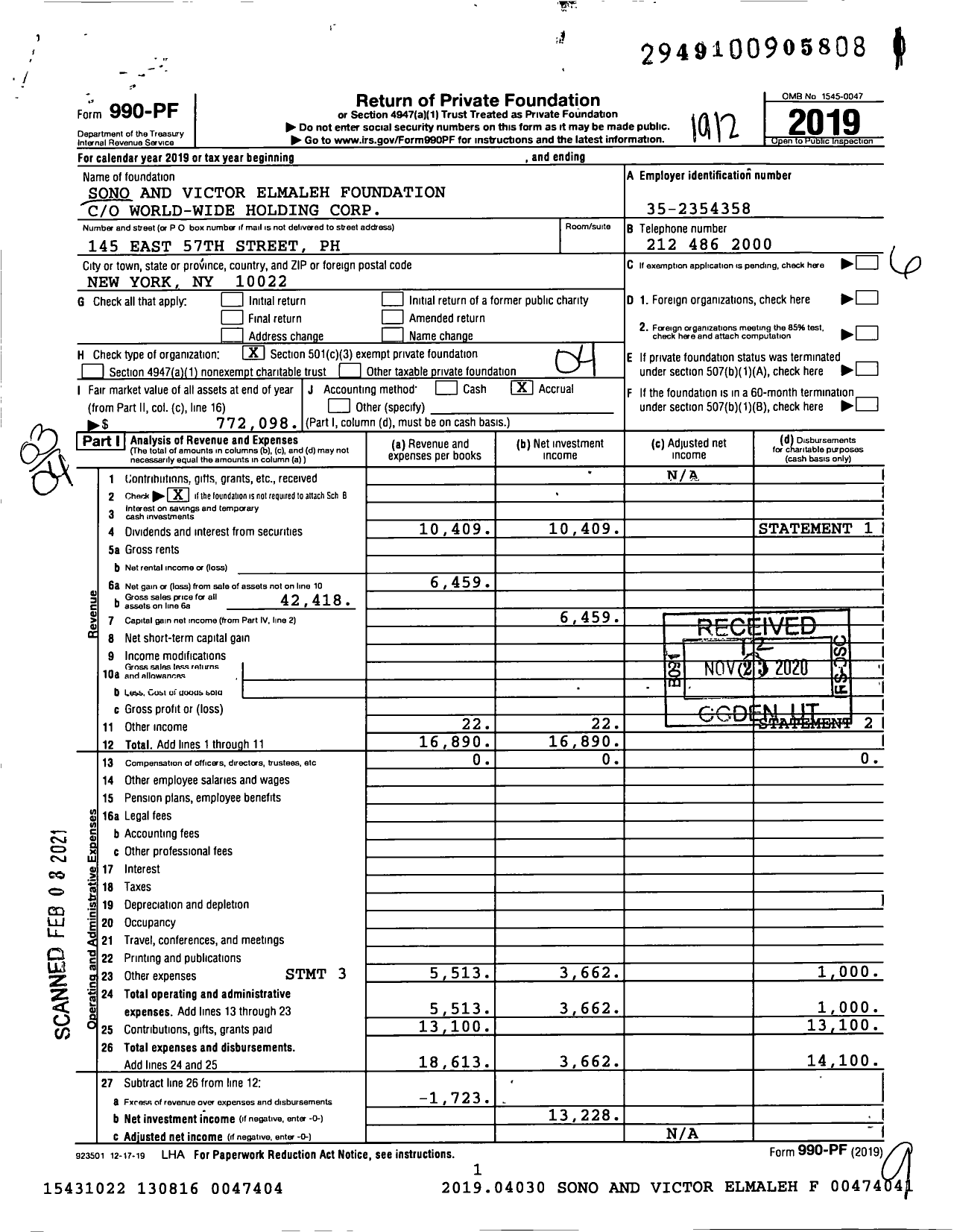 Image of first page of 2019 Form 990PF for Sono and Victor Elmaleh Foundation