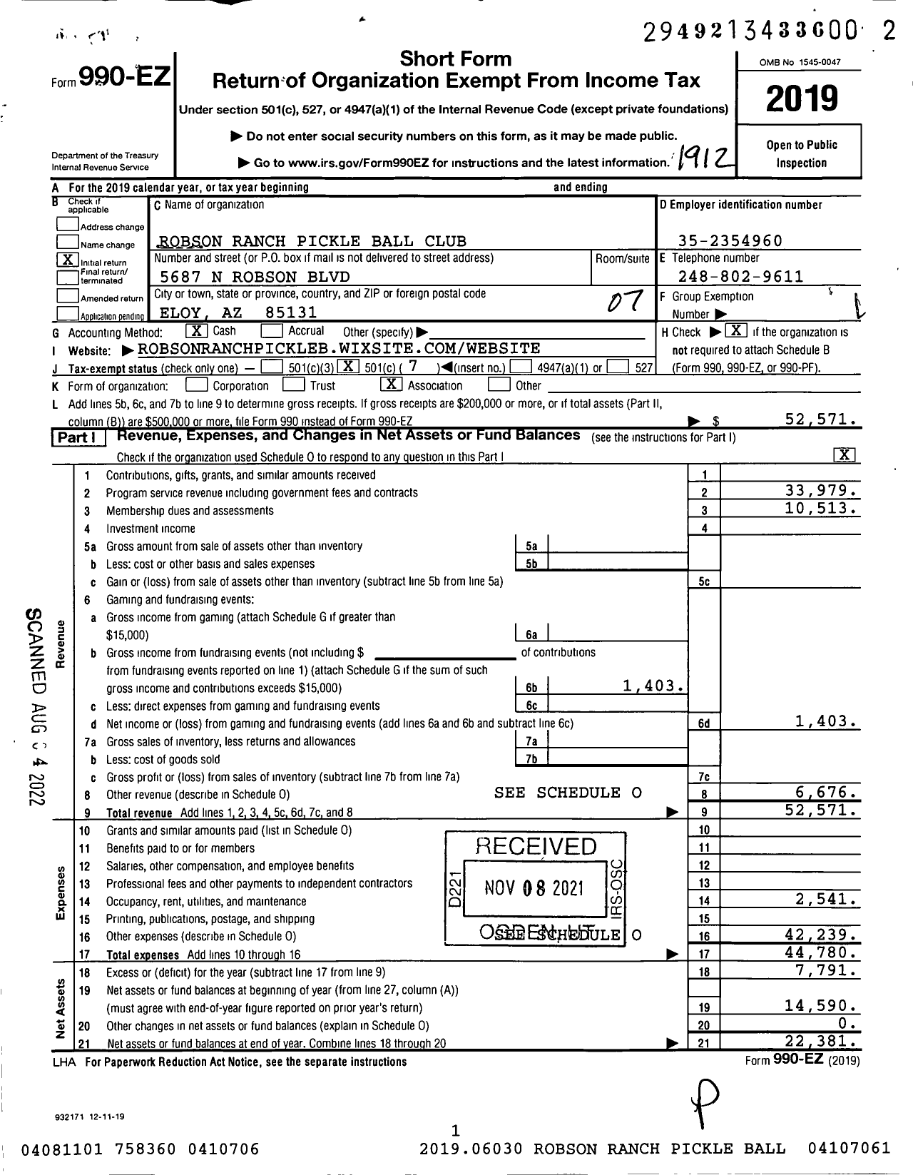 Image of first page of 2019 Form 990EO for Robson Ranch Pickle Ball Club