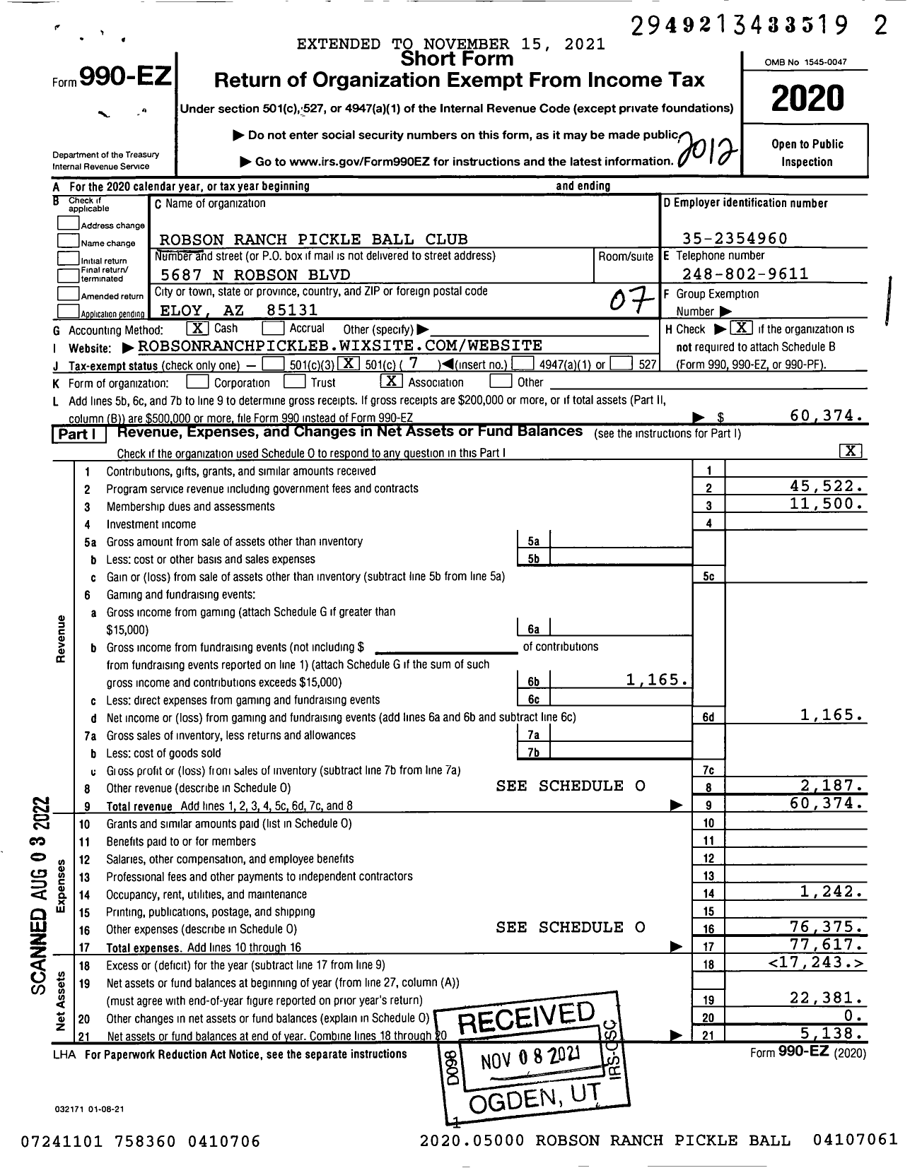 Image of first page of 2020 Form 990EO for Robson Ranch Pickle Ball Club