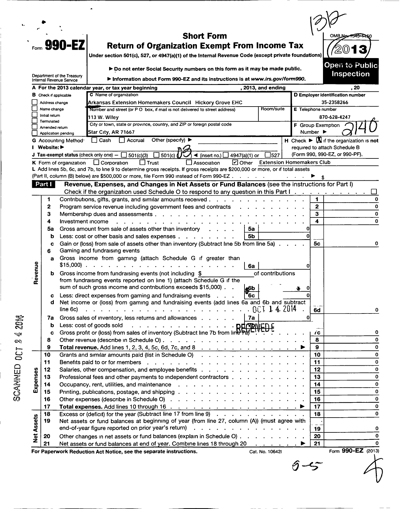 Image of first page of 2013 Form 990EZ for Arkansas Extension Homemakers Council / Hickory Grove Ehc