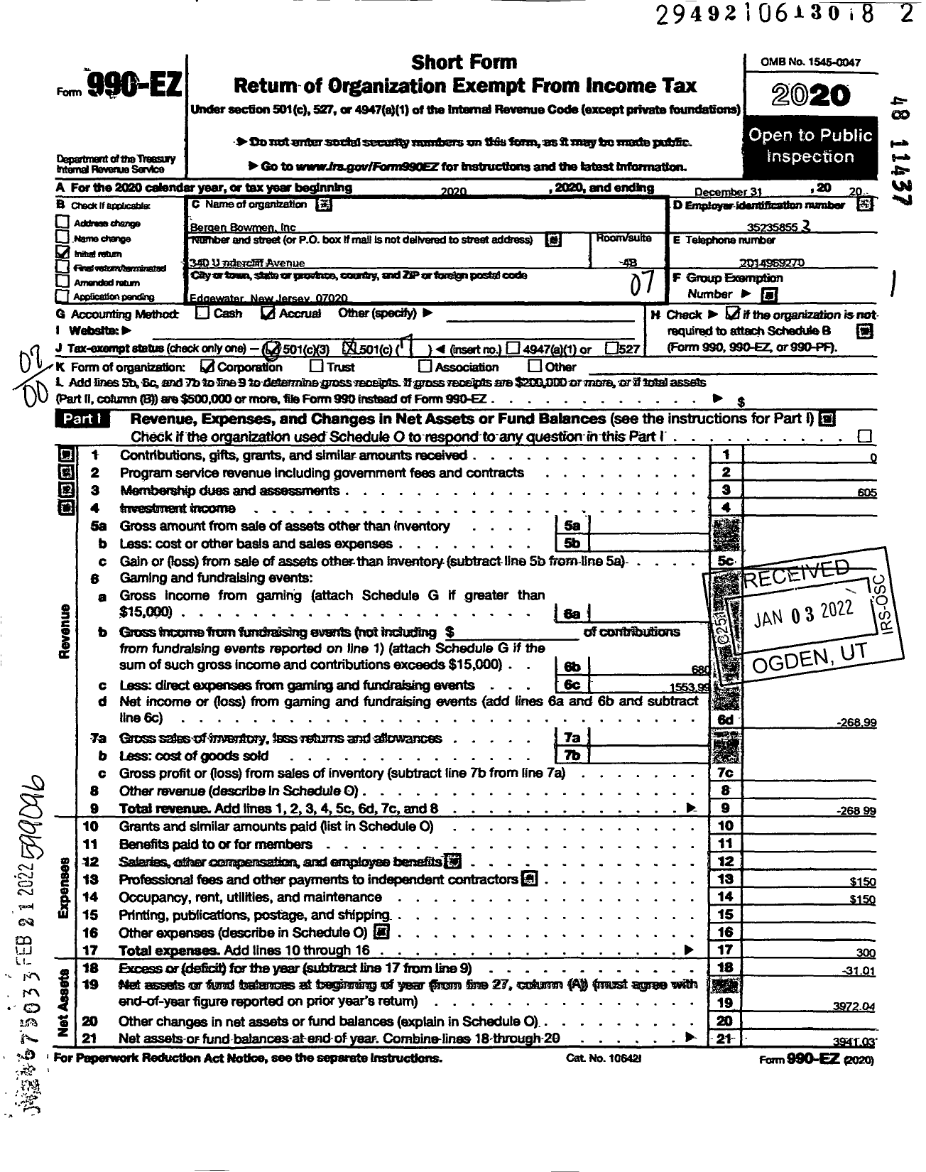 Image of first page of 2020 Form 990EO for Bergen Bowmen