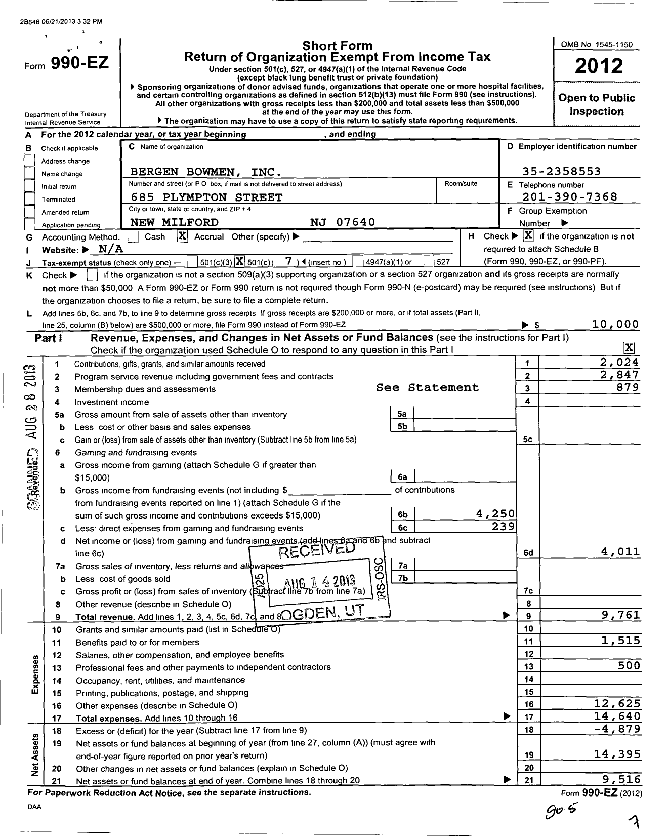 Image of first page of 2012 Form 990EO for Bergen Bowmen