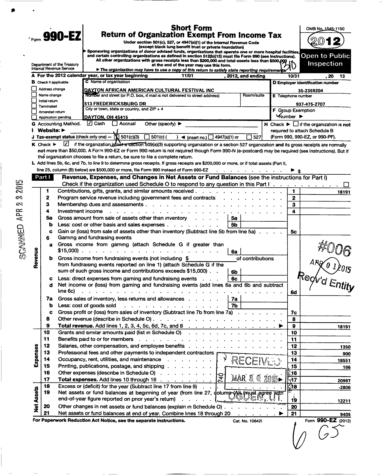 Image of first page of 2012 Form 990EZ for Dayton African American Cultural Festival