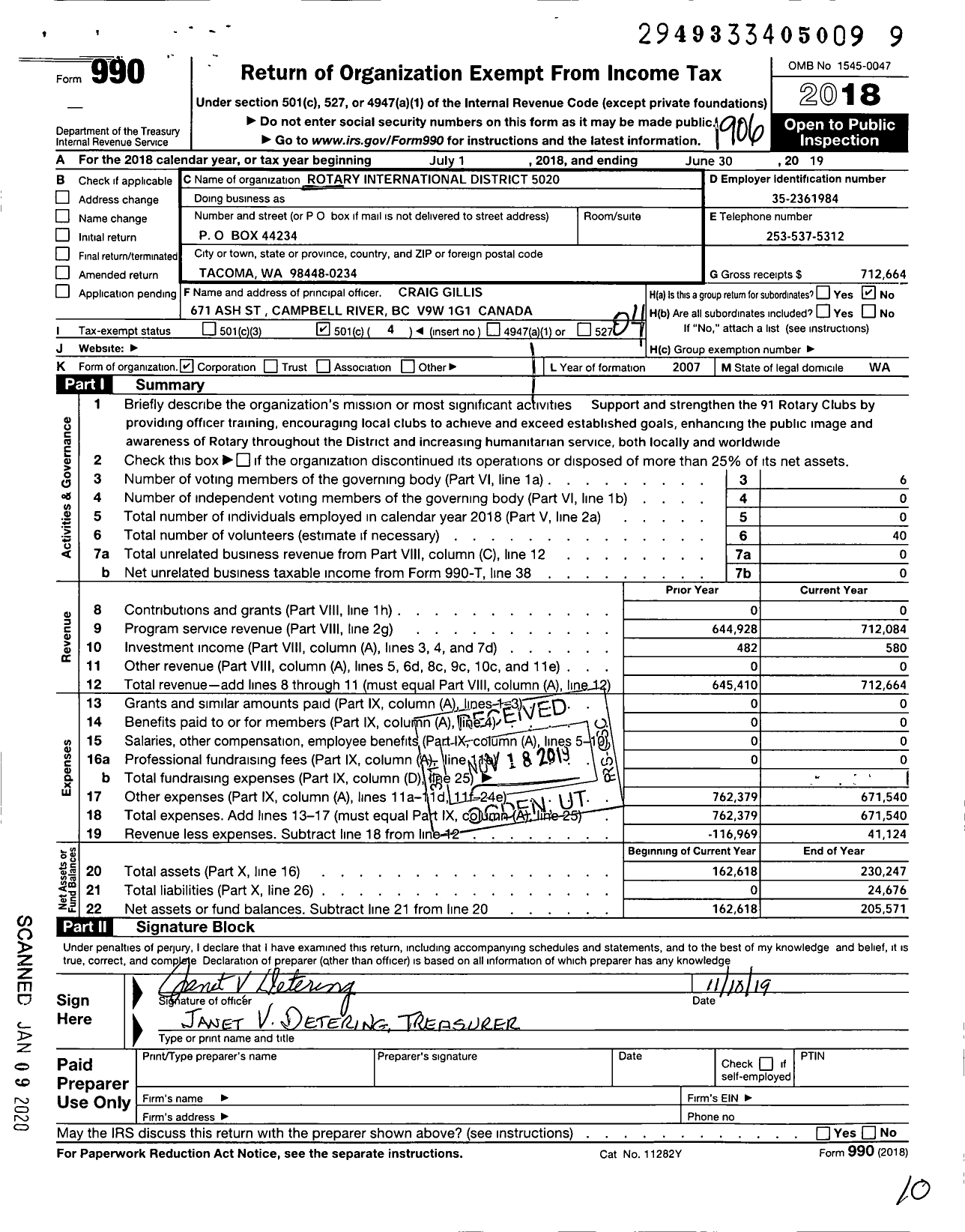 Image of first page of 2018 Form 990O for Rotary International District 5020