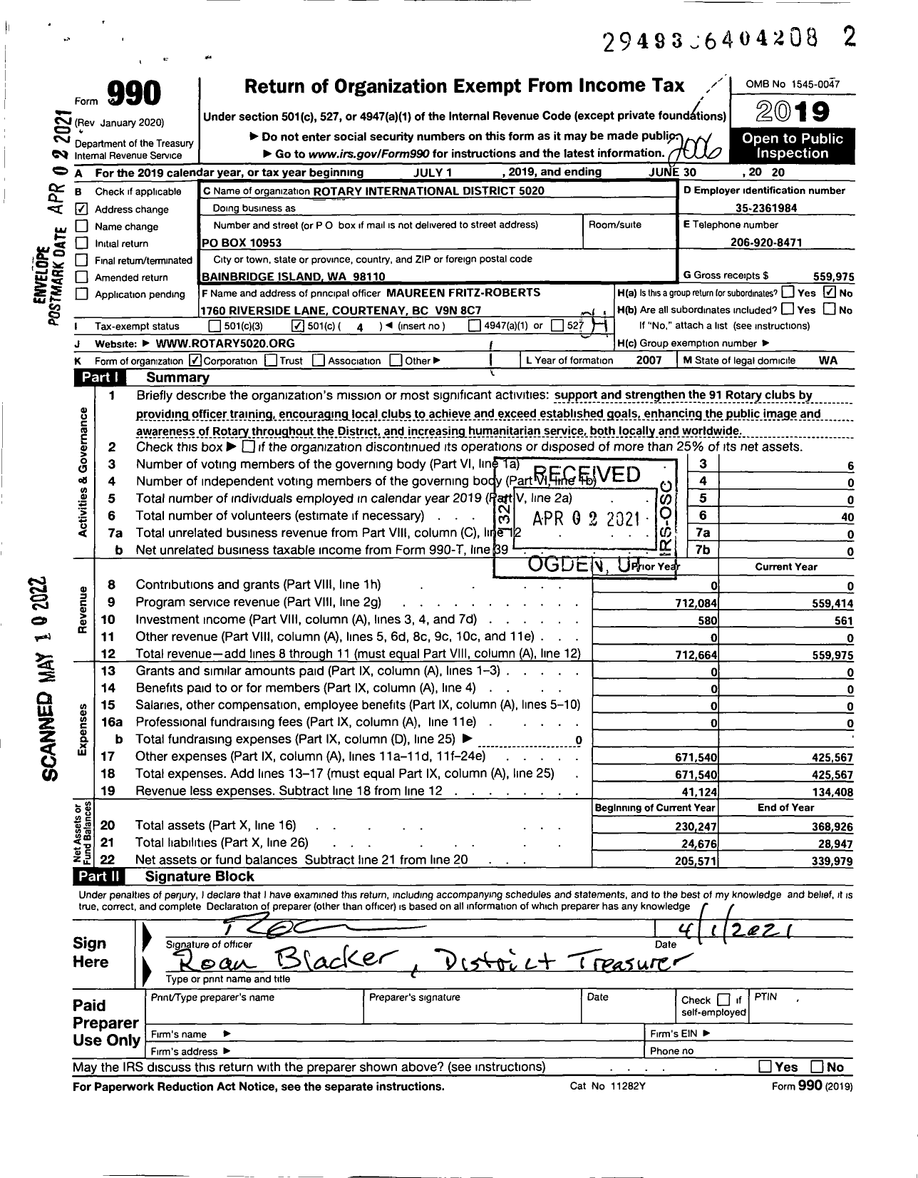 Image of first page of 2019 Form 990O for Rotary International District 5020