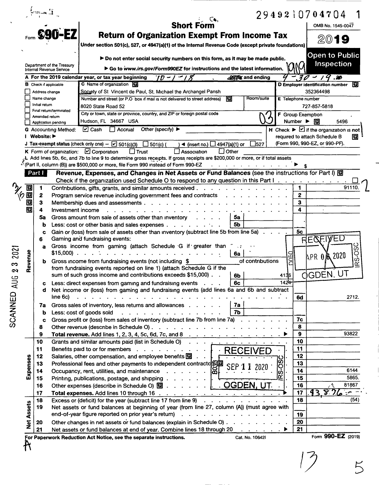 Image of first page of 2018 Form 990EZ for Society of St Vincent de Paul St Michael the Archangel Conference