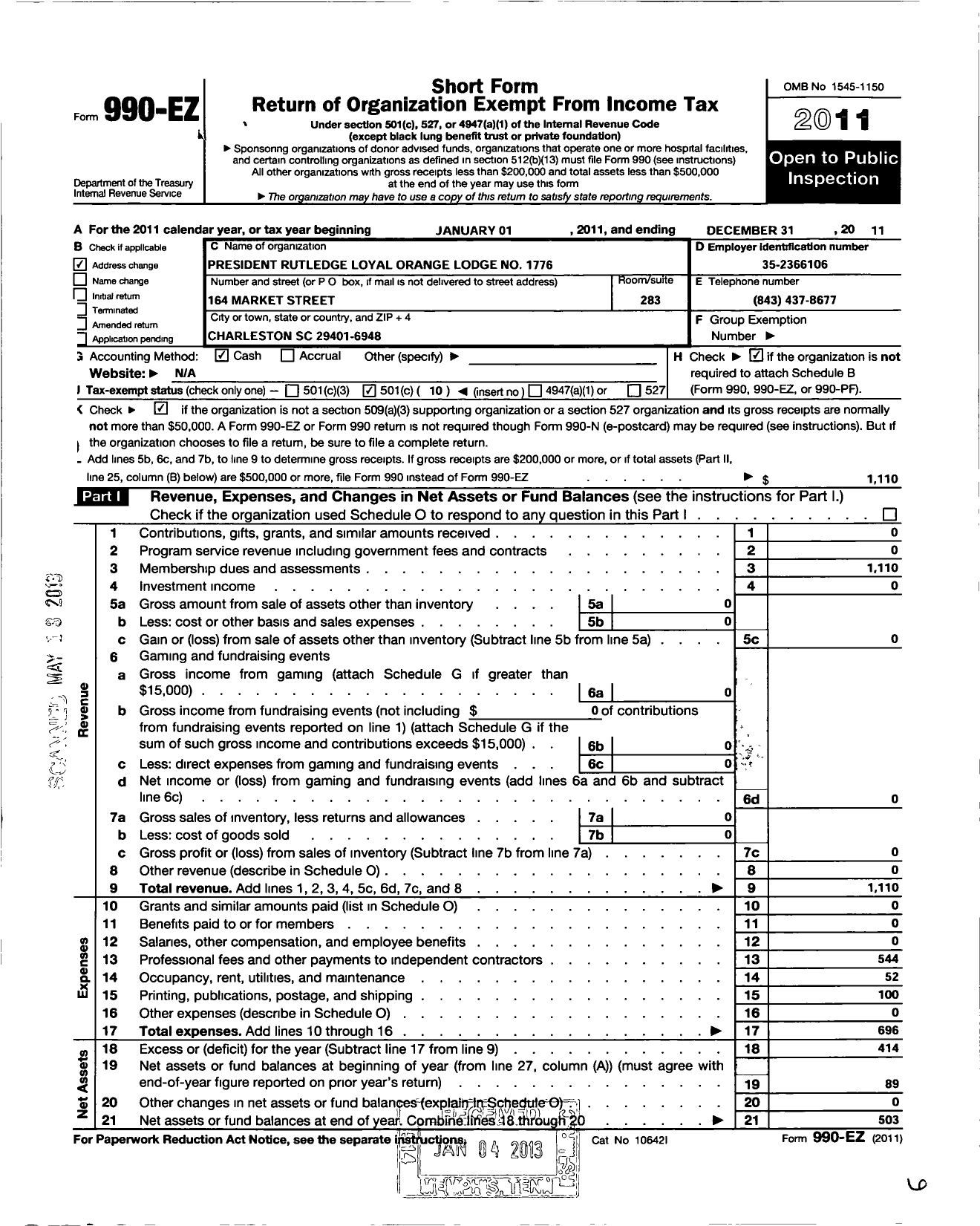 Image of first page of 2011 Form 990EO for Loyal Orange Institution of the USA