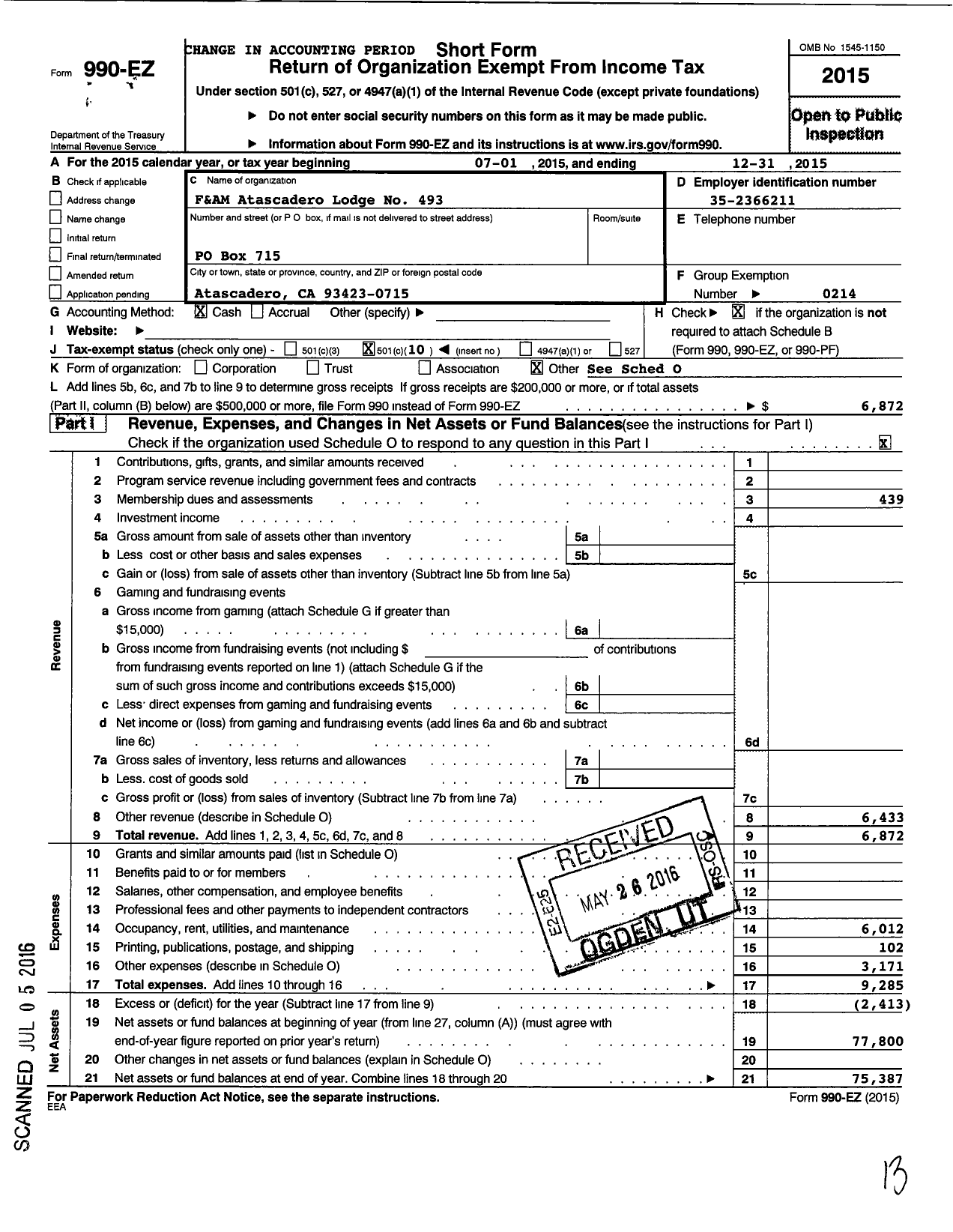 Image of first page of 2015 Form 990EO for Masons of California - 493 Atascadero Masonic Lodge