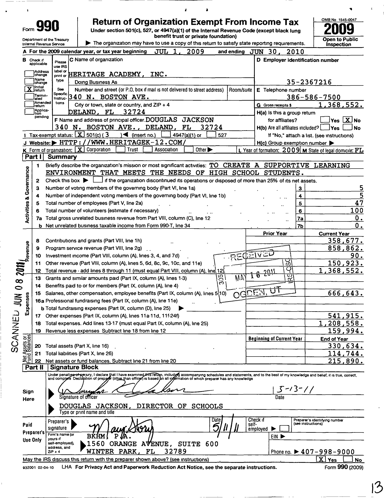 Image of first page of 2009 Form 990 for Heritage Academy