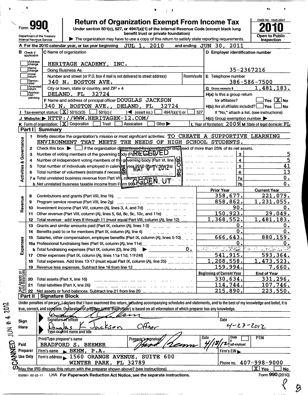Image of first page of 2010 Form 990 for Heritage Academy