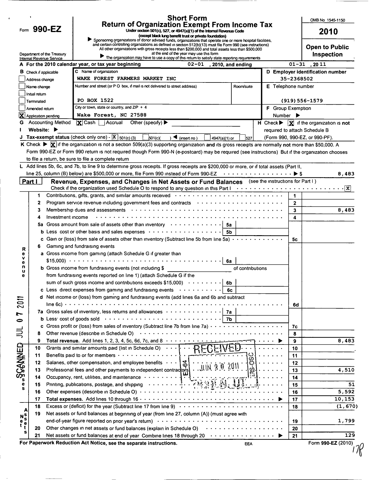 Image of first page of 2010 Form 990EZ for Wake Forest Farmers Market