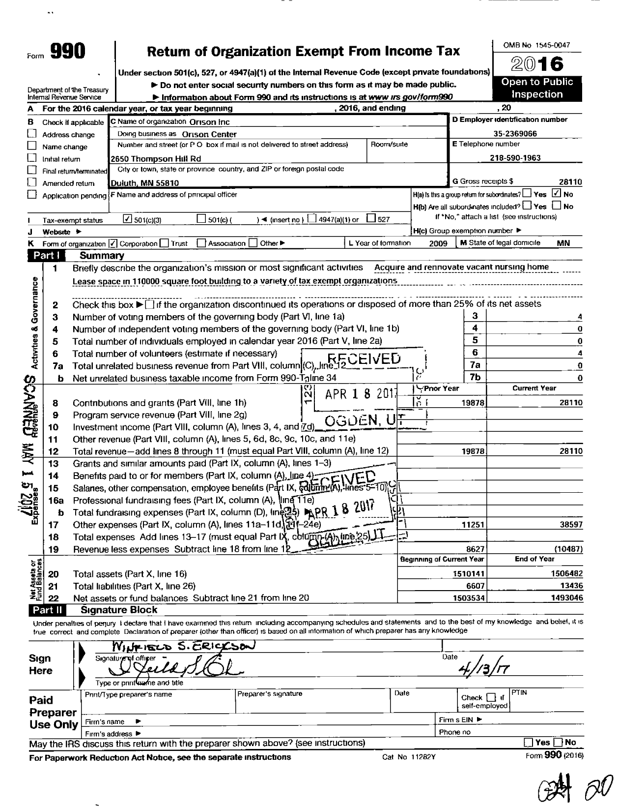 Image of first page of 2016 Form 990 for Orison